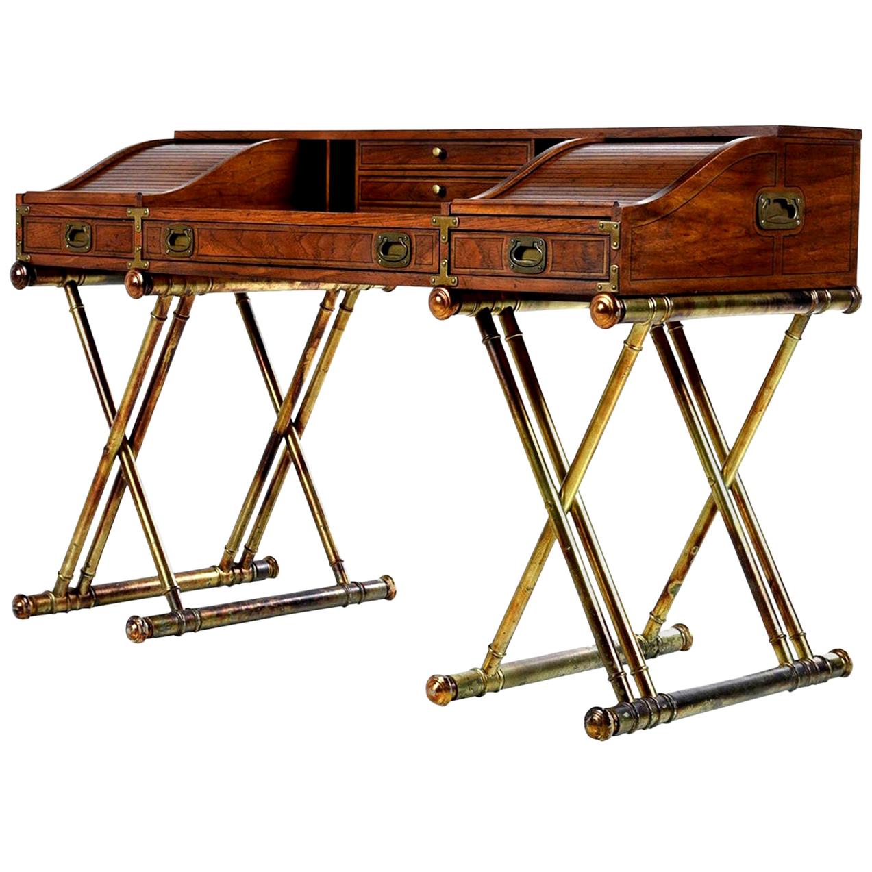 Oxford Square by Drexel Faux Brass Base Campaign Style Tambour Roll Top Desk