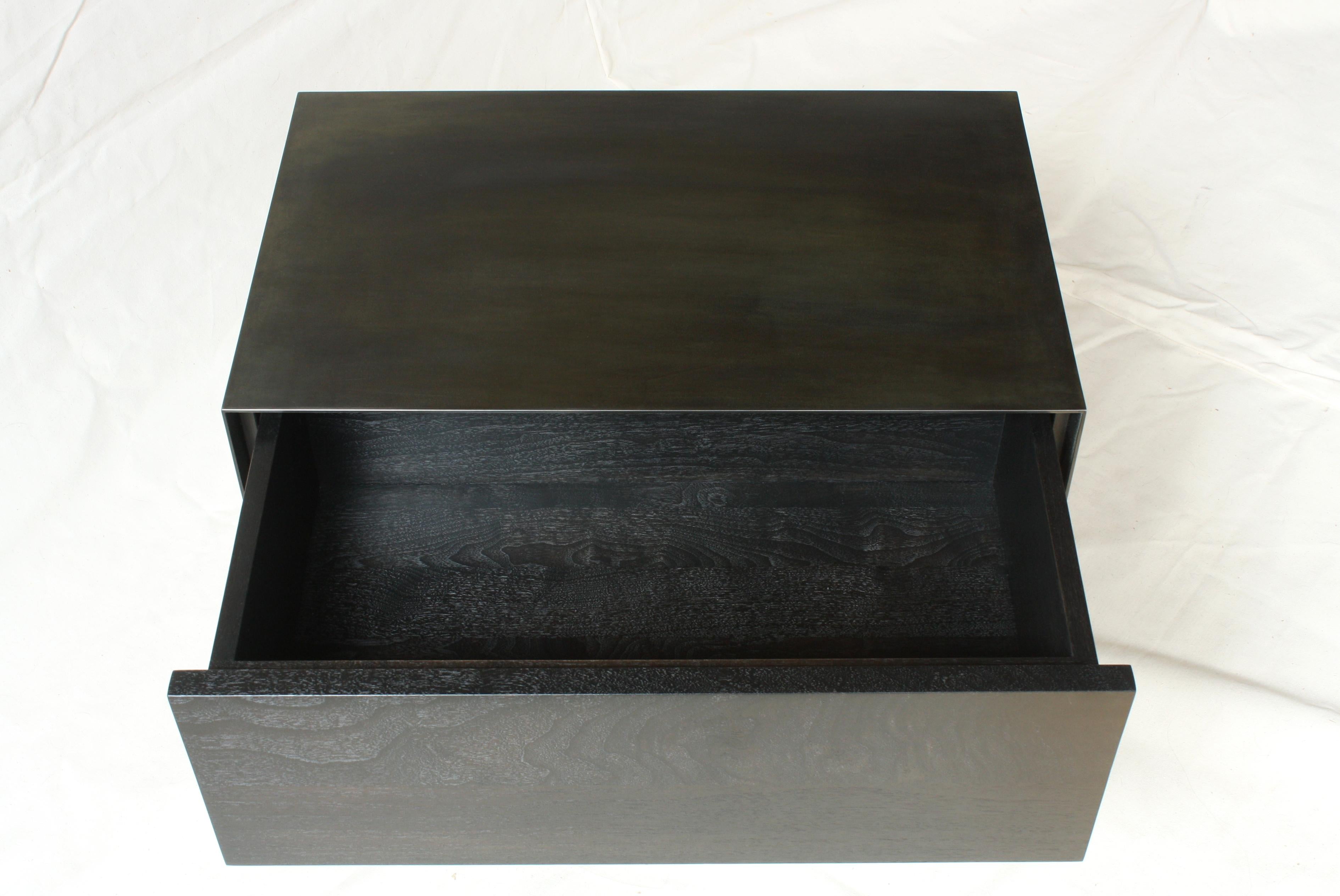 Modern Oxide, Blackened Steel and Walnut Bedside Table or Nightstand by Laylo Studio For Sale