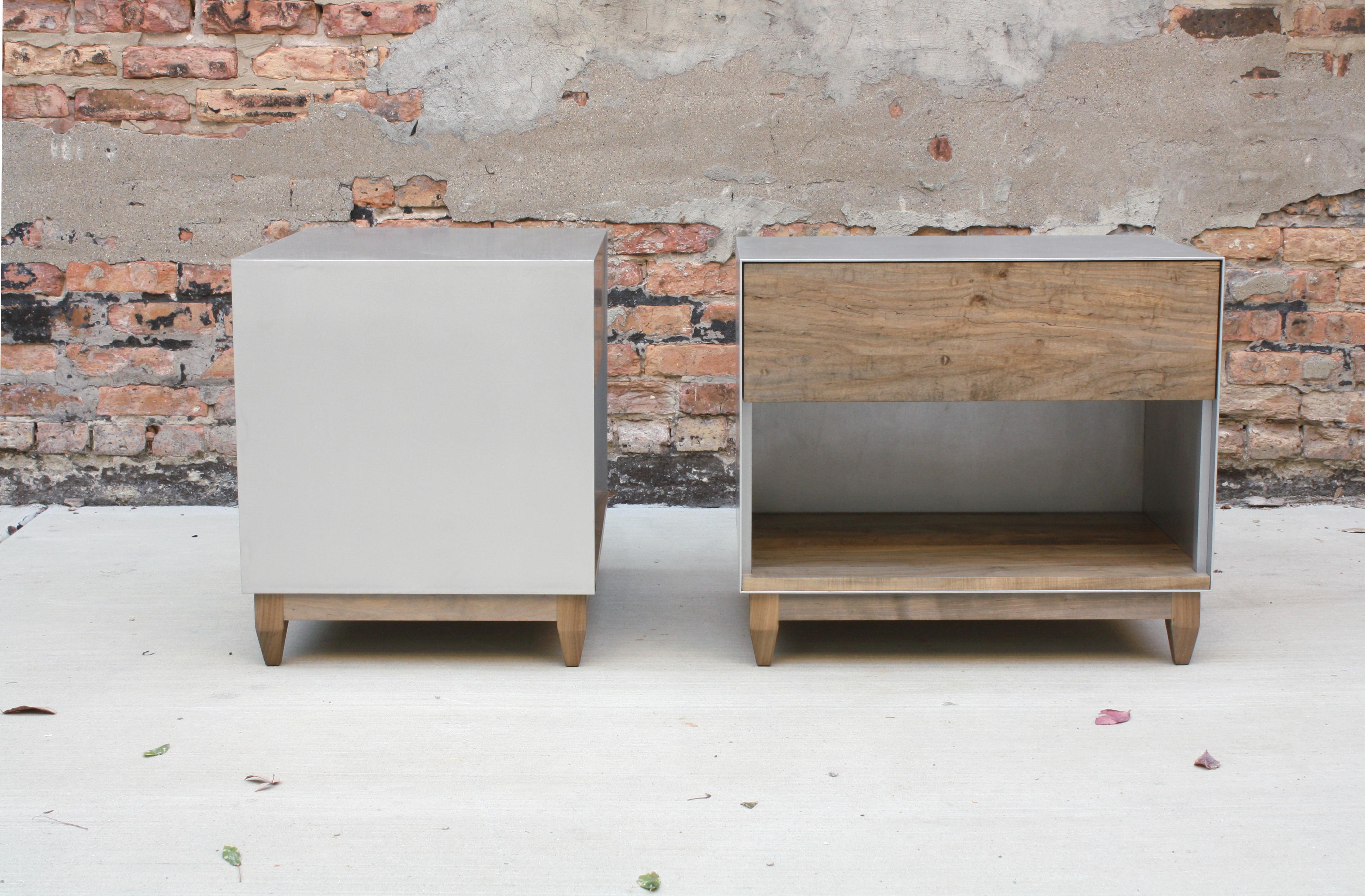 Handmade in Chicago by Laylo Studio, these customizable nightstands or bedside tables feature a waxed aluminium case and a solid wood interior, drawer front and base. The seamless metal case built from precision welded aircraft aluminum frames a