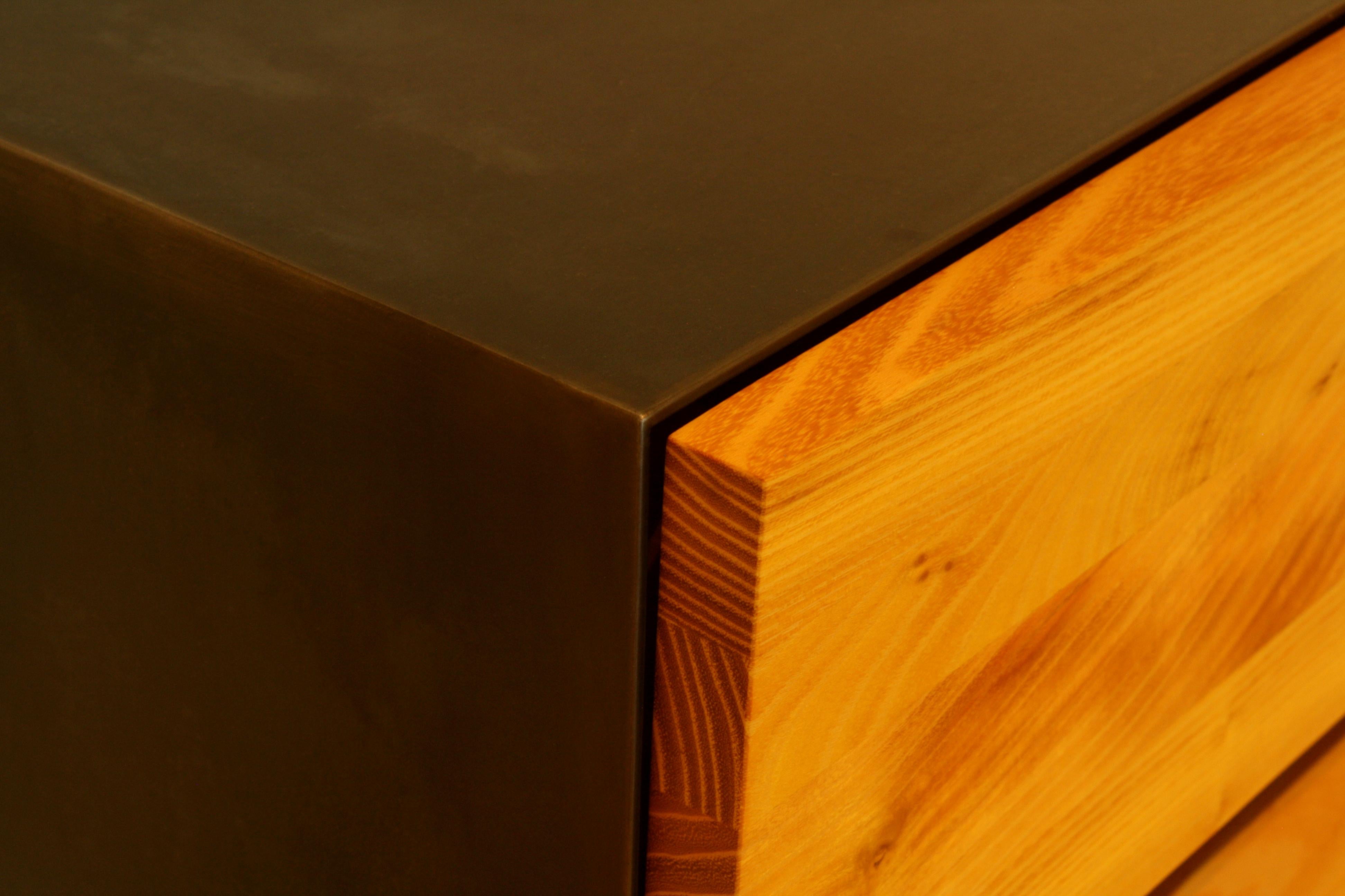 Hand-Crafted Oxide Floating Console Table or Wall Mounted Cabinet in Black Steel and Osage For Sale