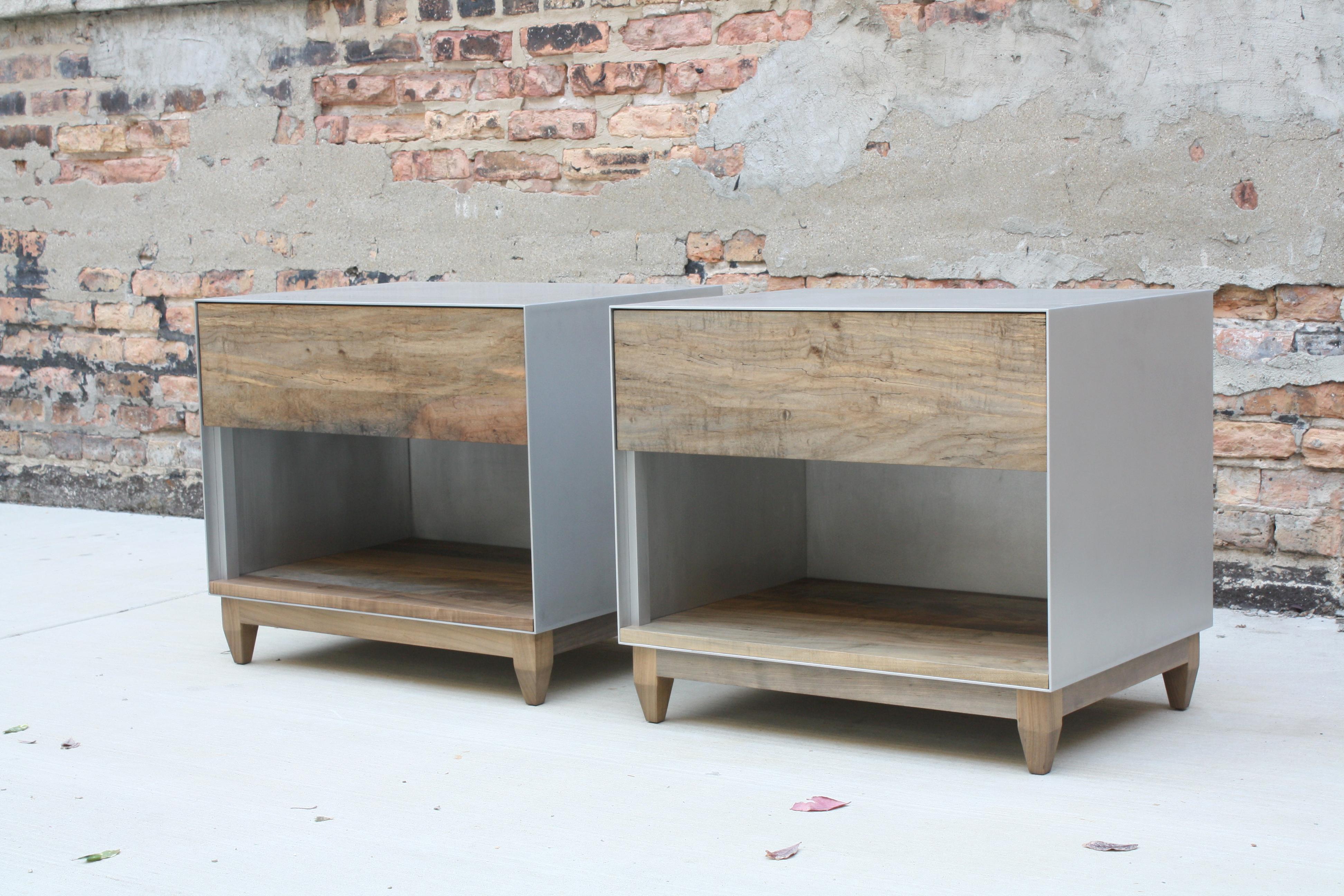 Handmade in Chicago by Laylo Studio, this customizable nightstand or end table features a waxed aluminum case and a solid wood interior, drawer front and base. The seamless metal case has a minimal front edge that frames a solid wood drawer front
