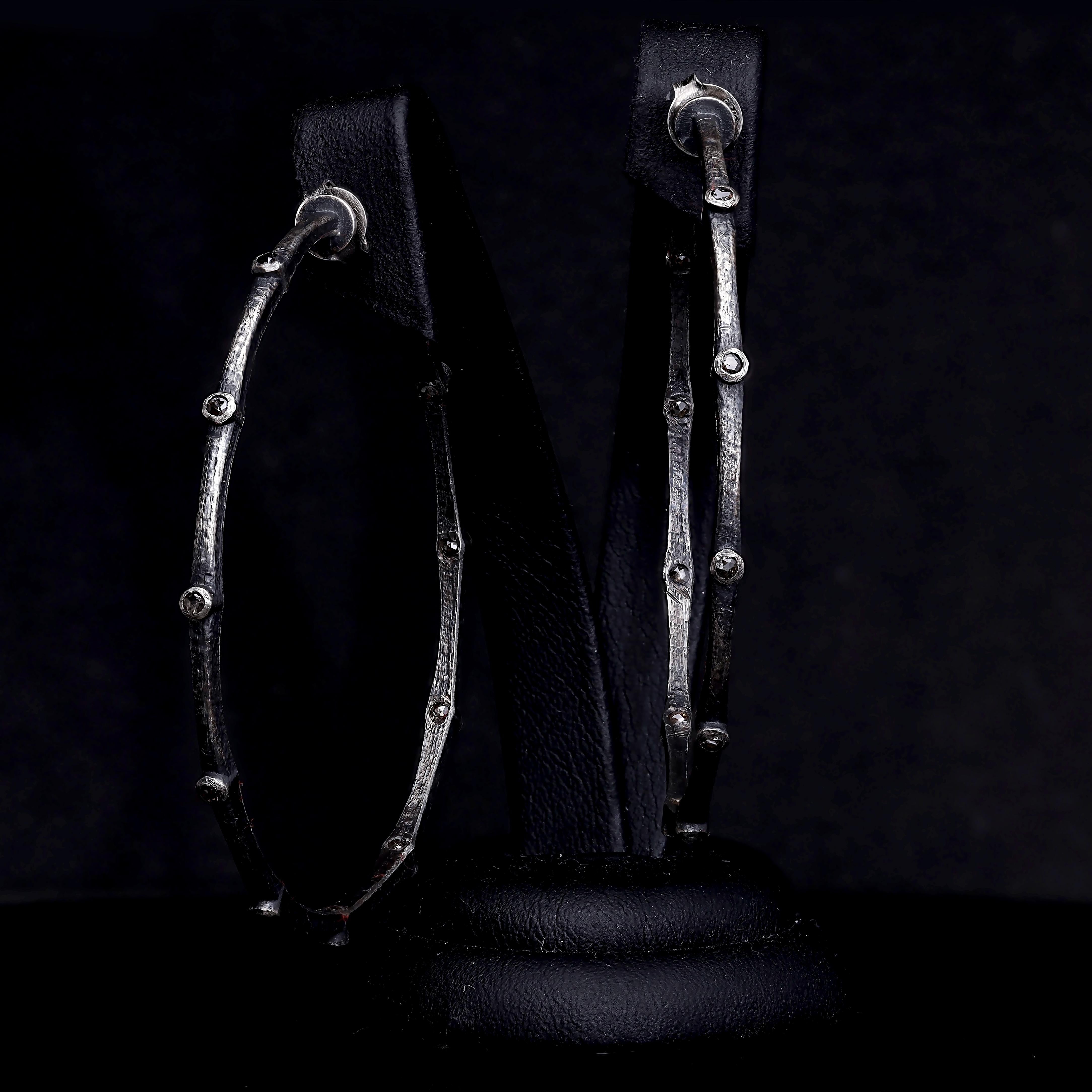 Contemporary Oxidised Silver Celles Diamond Hoop Earrings For Sale