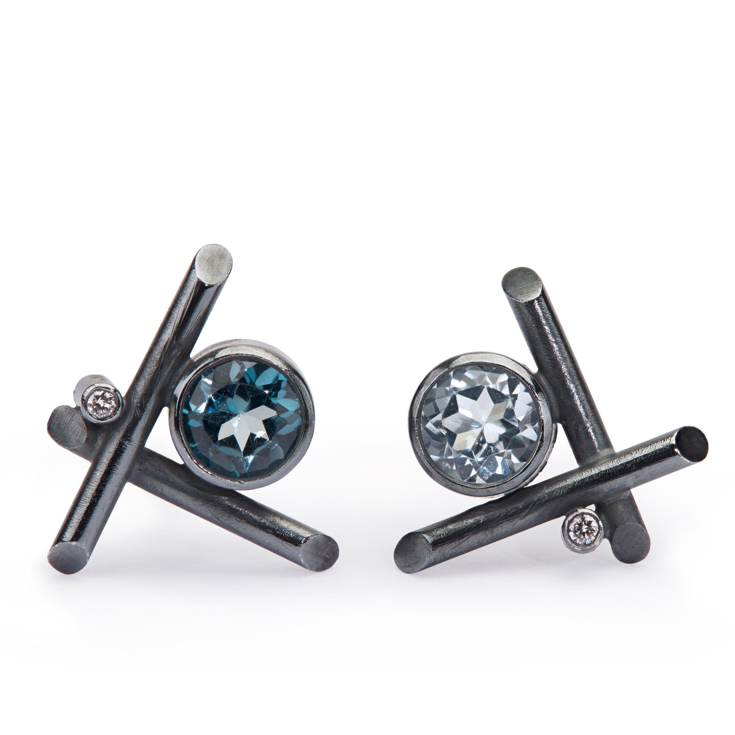 Round Cut Oxidized Sterling Silver Blue Topaz & Diamonds Crisscross Stud Pierced Earrings For Sale