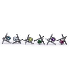 Oxidised Sterling Silver Garnet, Amethyst, and Diamond Stud Pierced Earrings