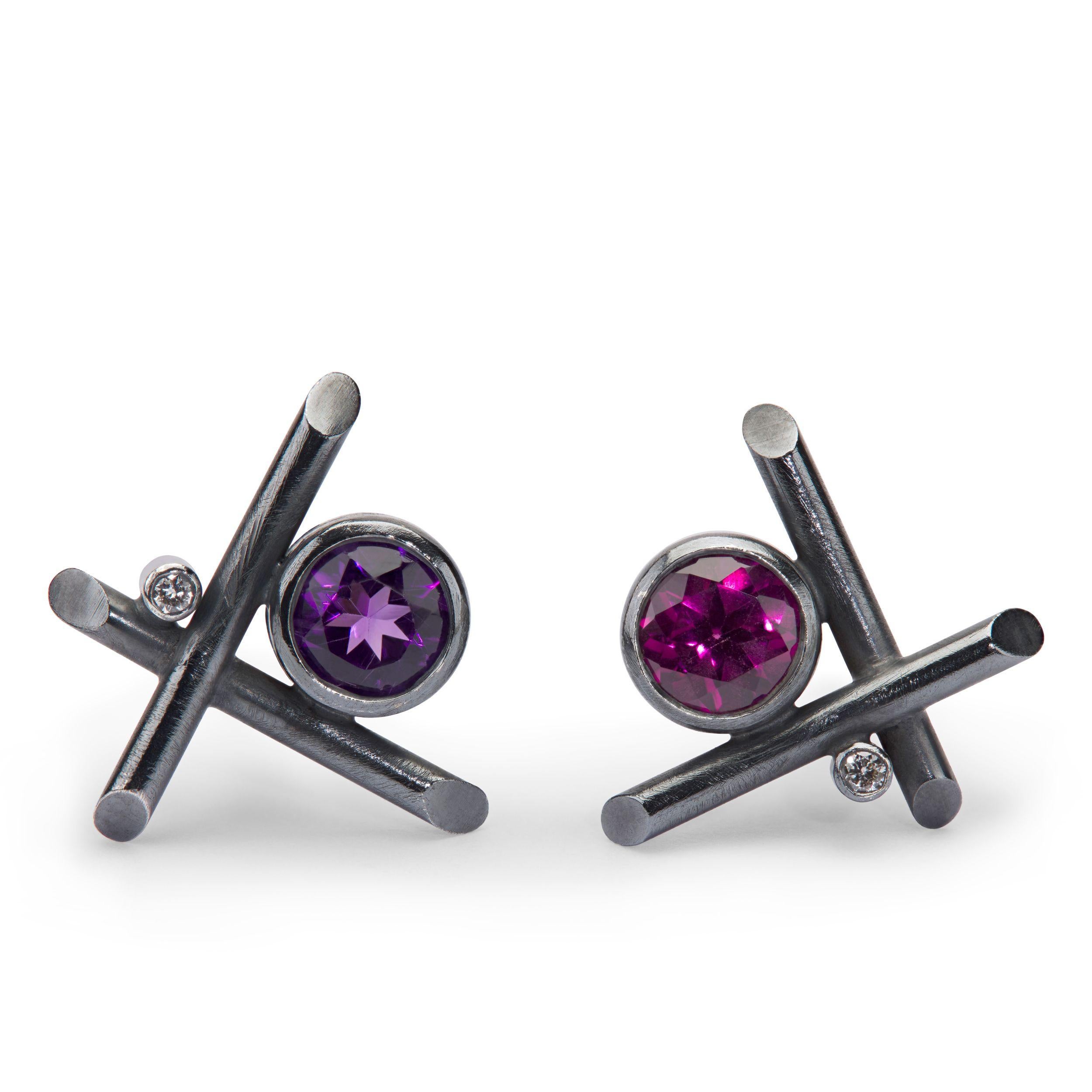 Contemporary Oxidised Sterling Silver Garnet, Amethyst, and Diamond Stud Pierced Earrings For Sale