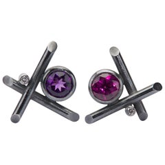 Oxidised Sterling Silver Garnet, Amethyst, and Diamond Stud Pierced Earrings