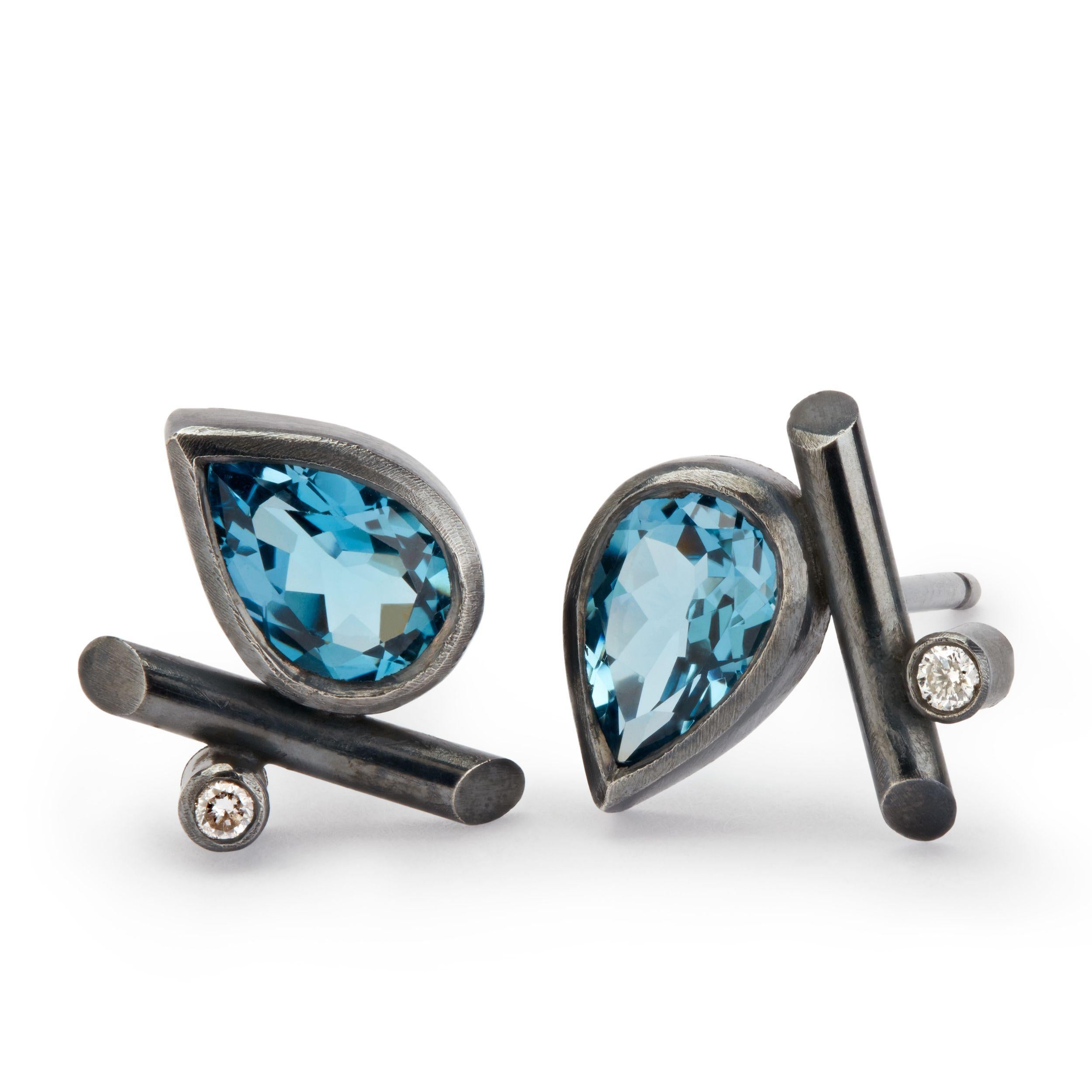 Pear Cut Oxidised Sterling Silver, London Blue Topaz, Diamonds Stud Pierced Earrings  For Sale