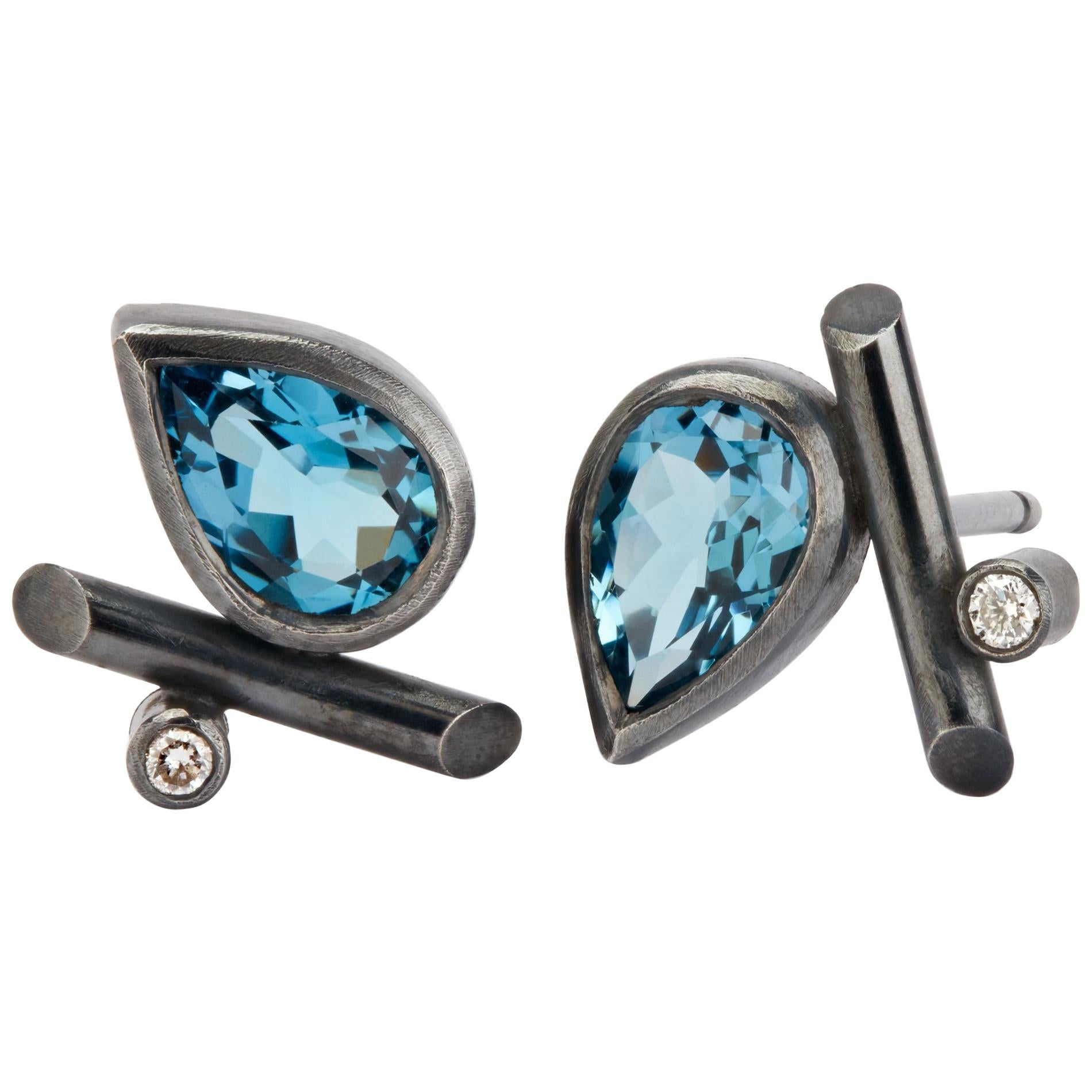 Oxidised Sterling Silver, London Blue Topaz, Diamonds Stud Pierced Earrings  For Sale