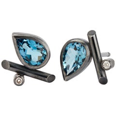Oxidised Sterling Silver, London Blue Topaz, Diamonds Stud Pierced Earrings 
