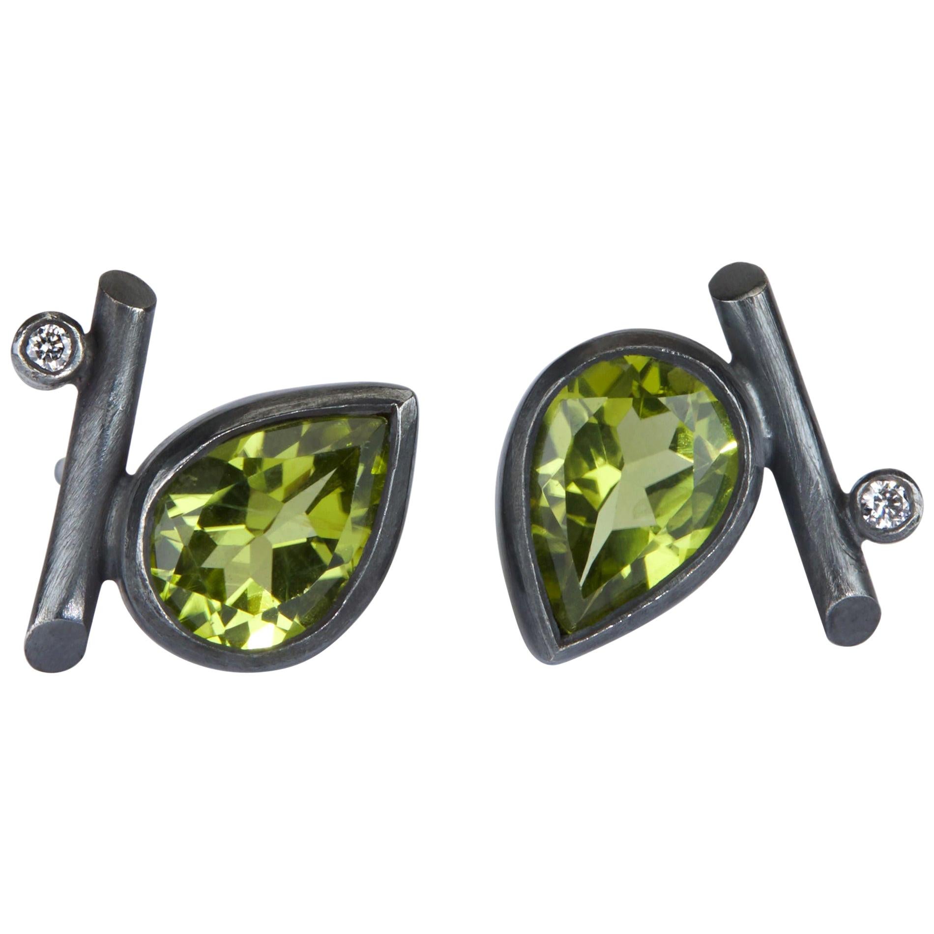 Oxidised Sterling Silver, Peridot, Diamonds Angle Stud Pierced Earrings