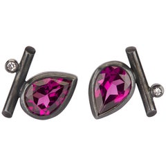 Oxidised Sterling Silver, Rhodolite Garnet, Diamonds Angle Stud Pierced Earrings