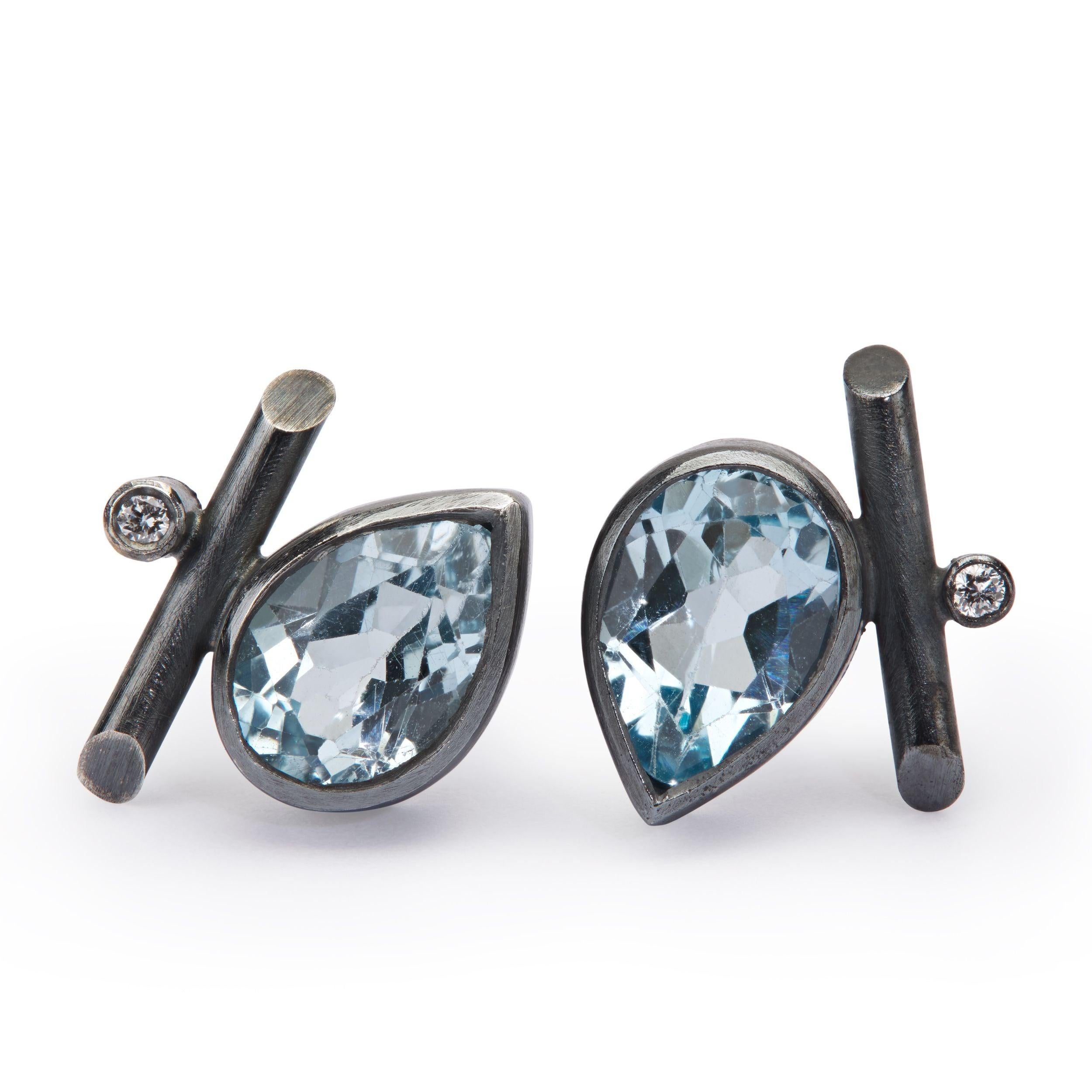 Contemporary Oxidised Sterling Silver, Sky Blue Topaz, Diamonds Angle Stud Pierced Earrings For Sale