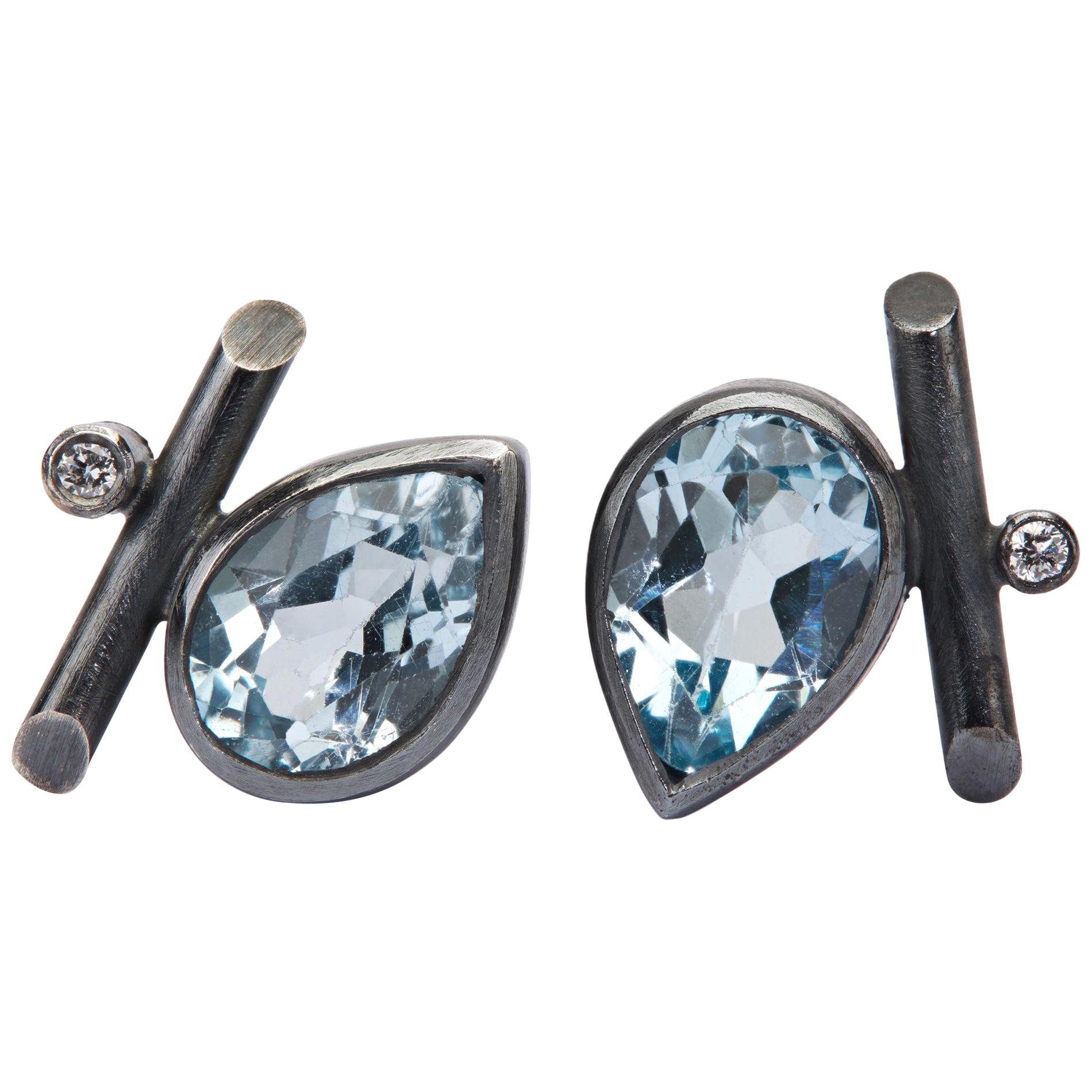 Oxidised Sterling Silver, Sky Blue Topaz, Diamonds Angle Stud Pierced Earrings For Sale