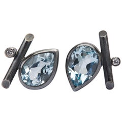  Oxidised Sterling Silver, Sky Blue Topaz, Diamonds Angle Stud Pierced Earrings