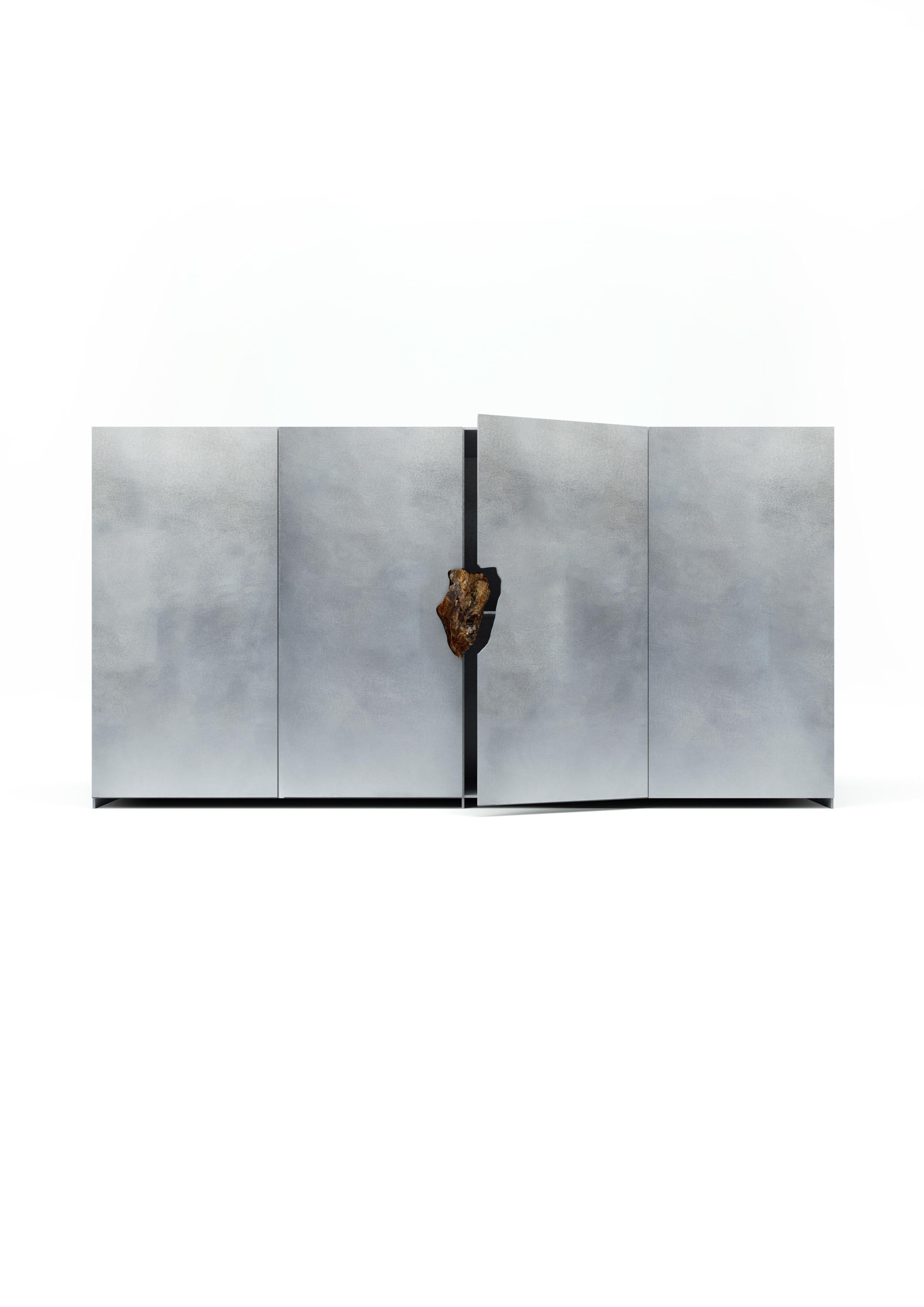 Minimalist Oxidized and Waxed Aluminium Big Cabinet with Petrified Wood by Pierre De Valck For Sale