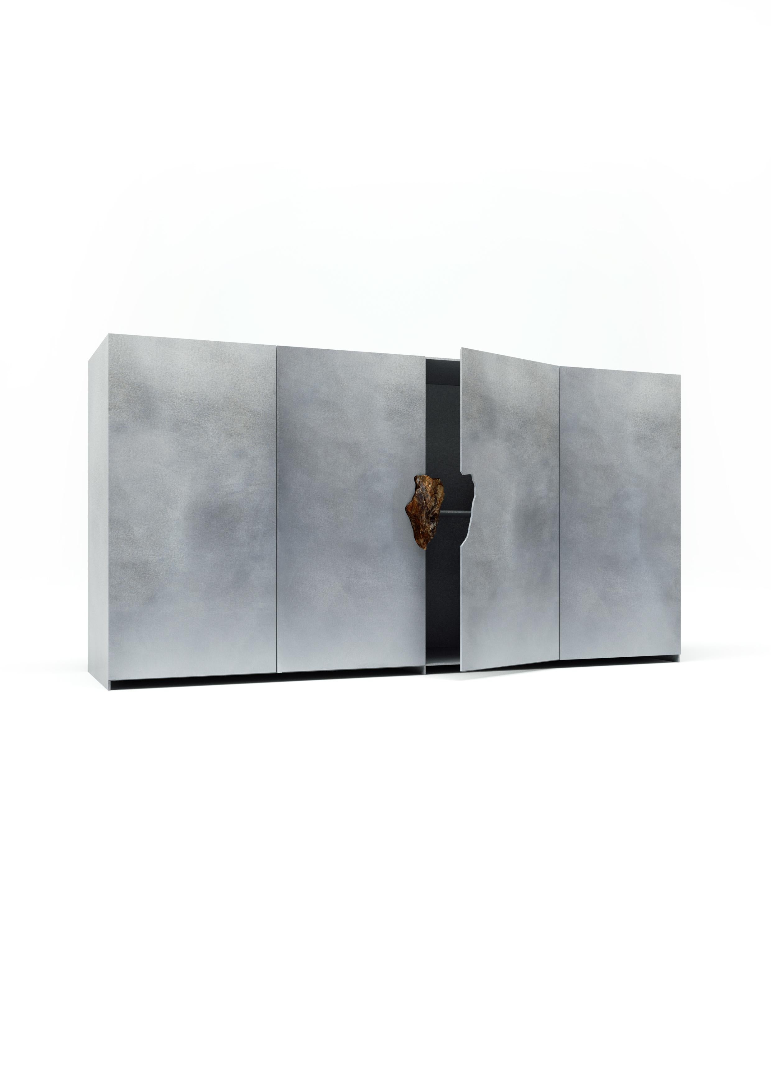 Belgian Oxidized and Waxed Aluminium Big Cabinet with Petrified Wood by Pierre De Valck For Sale