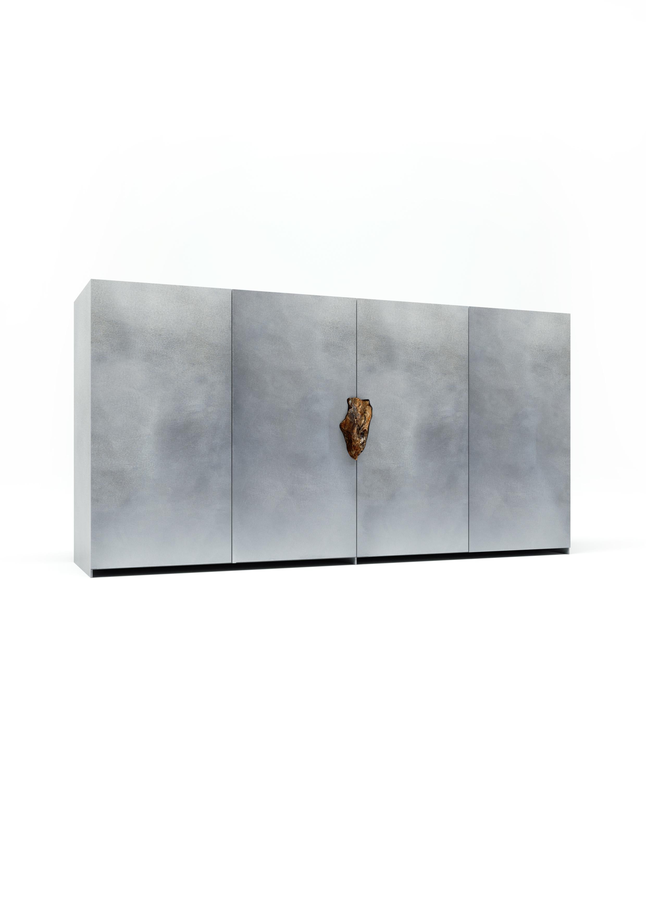 Hand-Crafted Oxidized and Waxed Aluminium Big Cabinet with Petrified Wood by Pierre De Valck For Sale