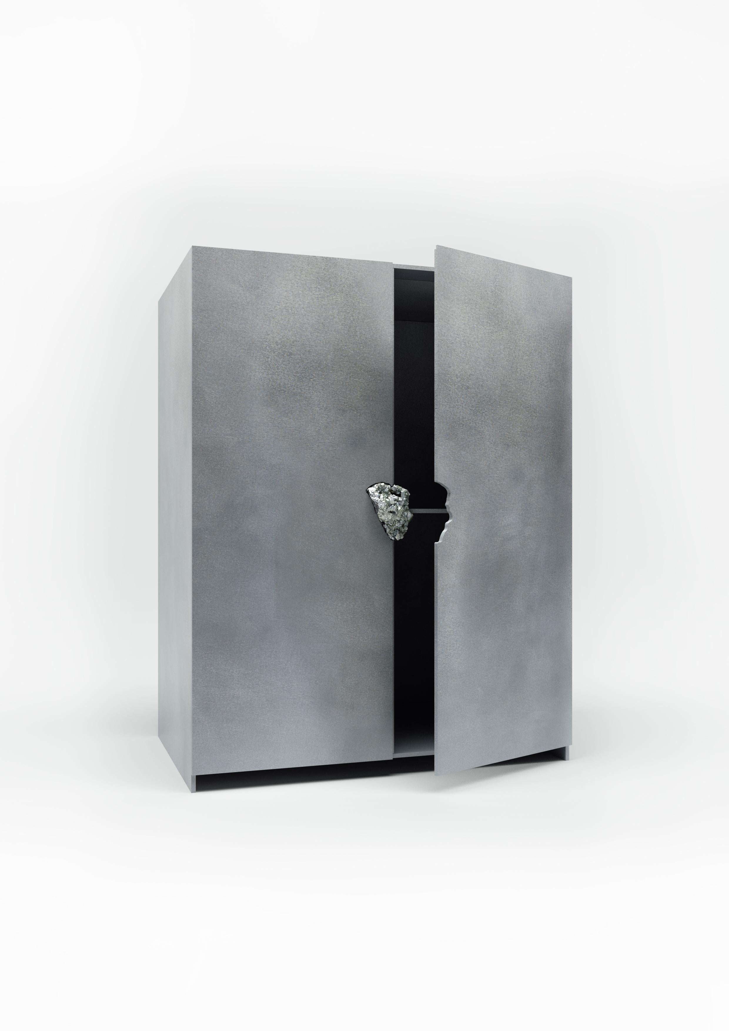 Minimalist Oxidized and Waxed Aluminium Cabinet with Pyrite by Pierre De Valck For Sale