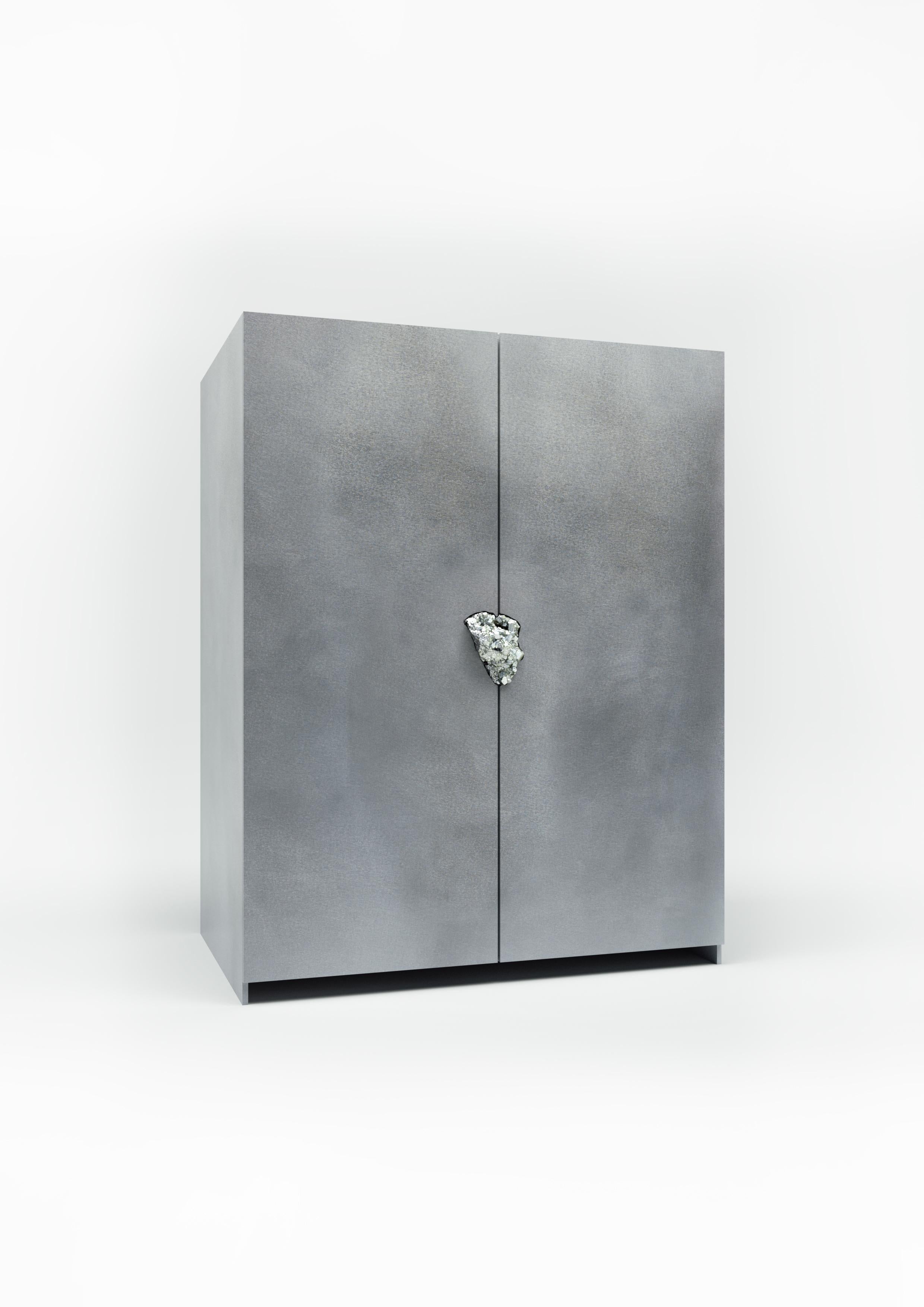Hand-Crafted Oxidized and Waxed Aluminium Cabinet with Pyrite by Pierre De Valck For Sale