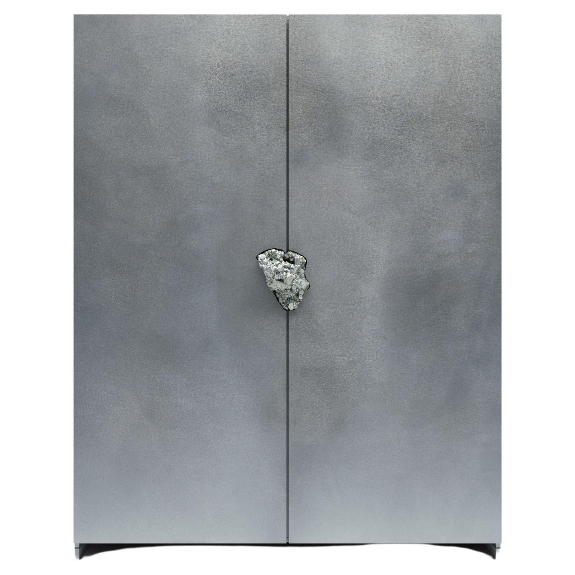Oxidized and Waxed Aluminium Cabinet with Pyrite by Pierre De Valck For Sale