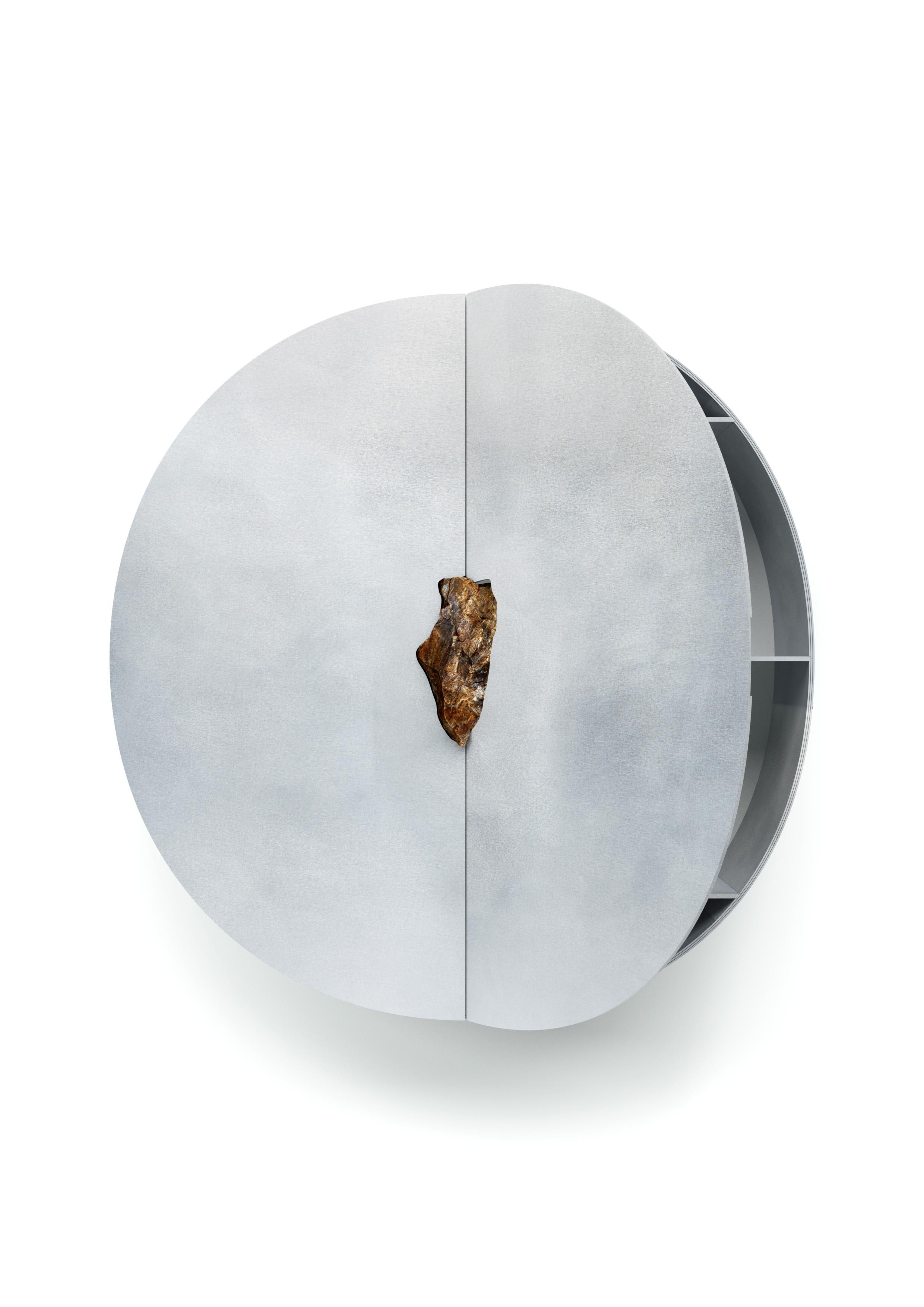 Minimalist Oxidized and Waxed Aluminium Round Cabinet Petrified Wood by Pierre De Valck For Sale