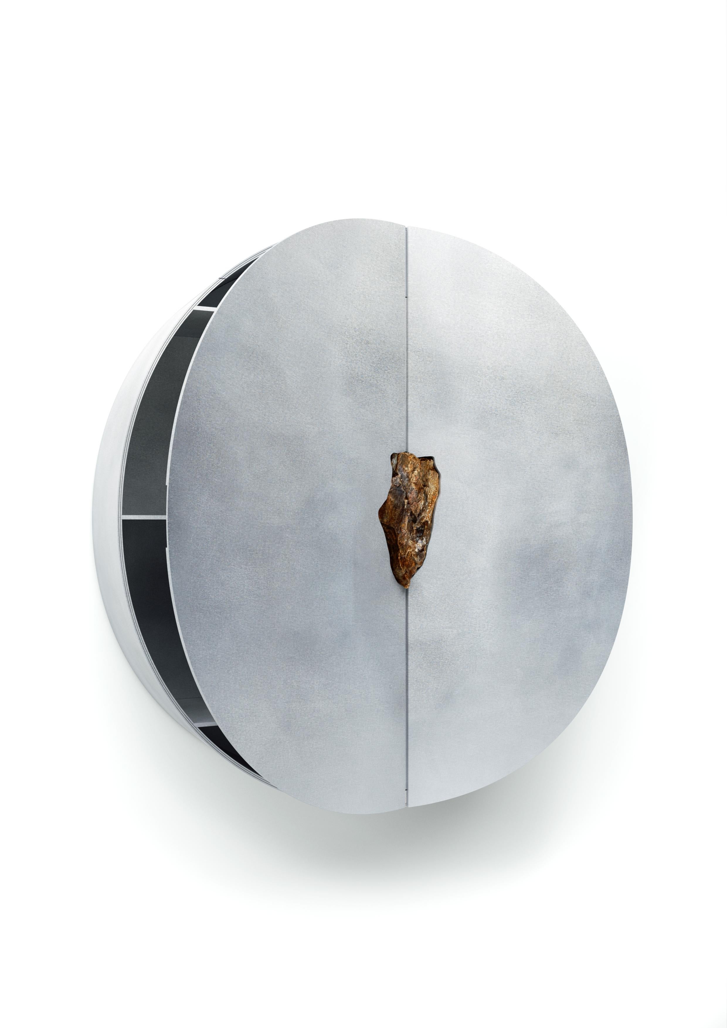 Hand-Crafted Oxidized and Waxed Aluminium Round Cabinet Petrified Wood by Pierre De Valck For Sale
