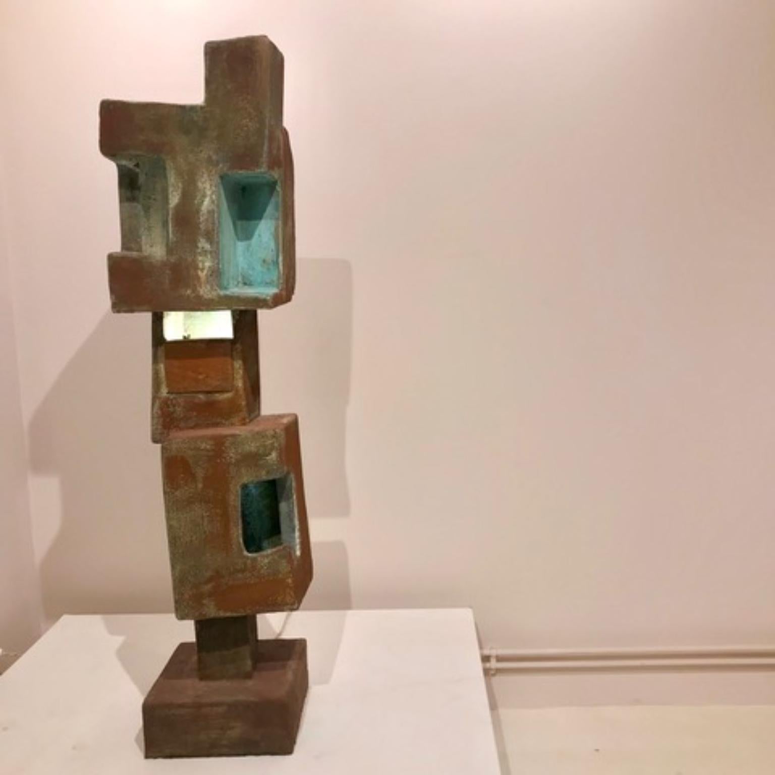 Oxidized Bronze and Steel Metallized Lamp Totem by Frederic Texier
Dimensions: W 29 x D 29 x H 116 cm. 
Materials: Concrete coated with steel powder and bronze and then oxidized. 
Color: Oxidized bronze and steel (green blue and rouille).  

Artist