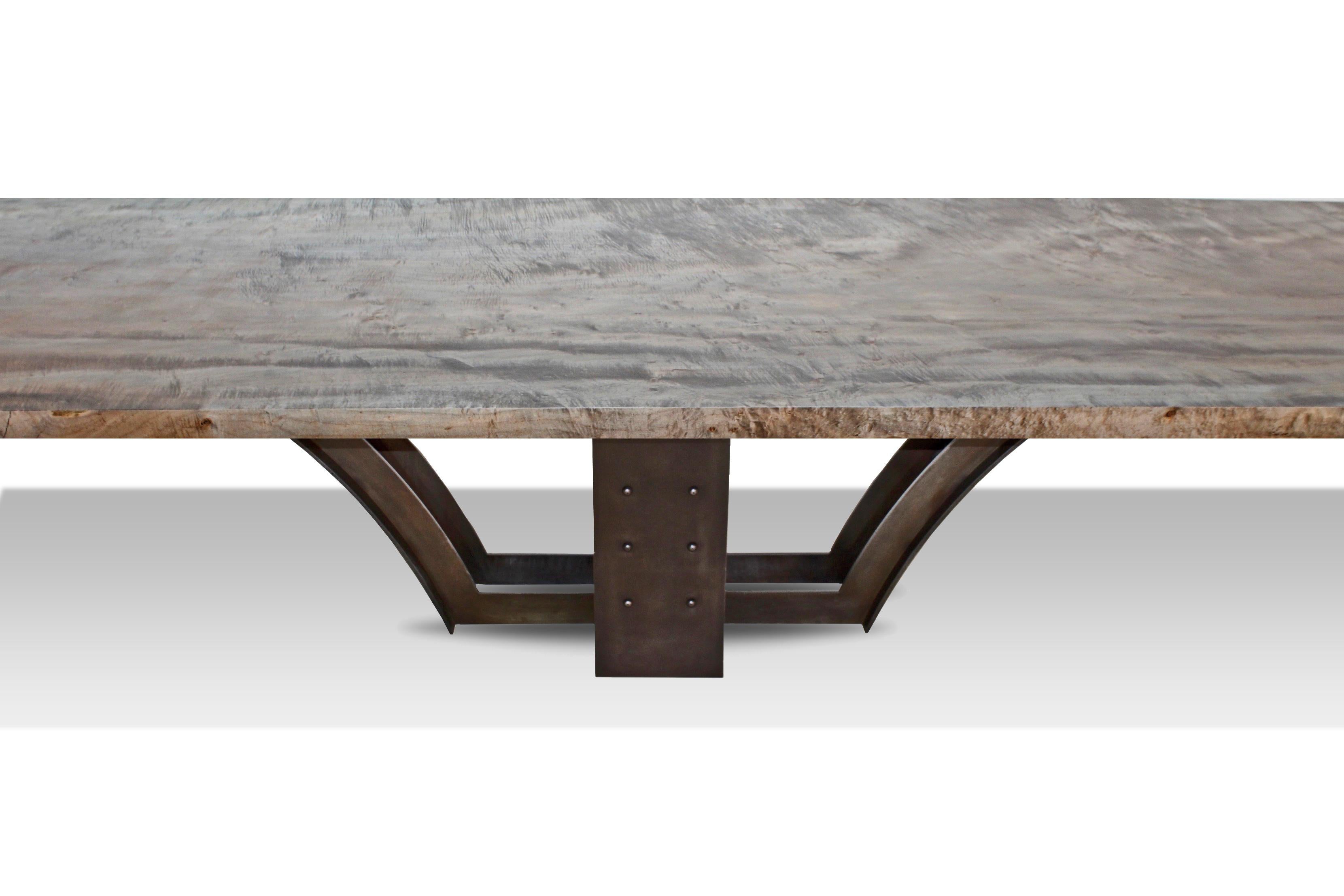 Modern Oxidized Maple Slab Dining Table with Blackened Steel Base by Mark Jupiter For Sale