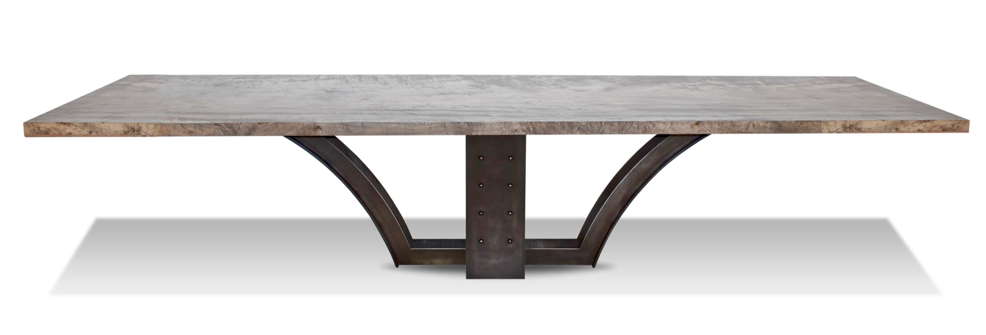 American Oxidized Maple Slab Dining Table with Blackened Steel Base by Mark Jupiter For Sale