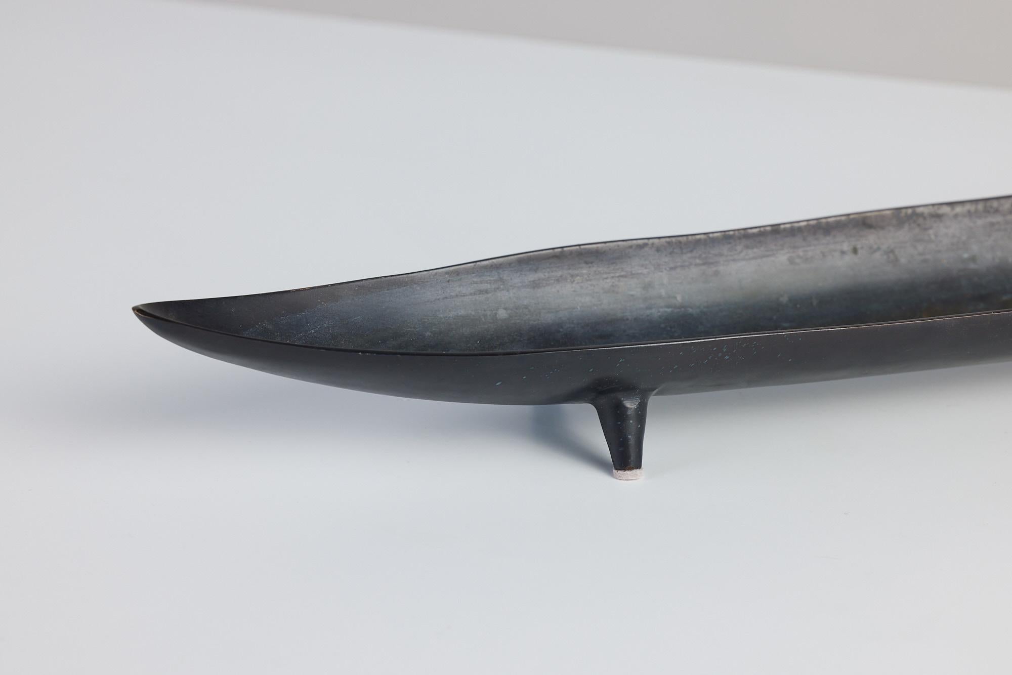 Oxidized Metal Canoe Shaped Footed Bowl 6