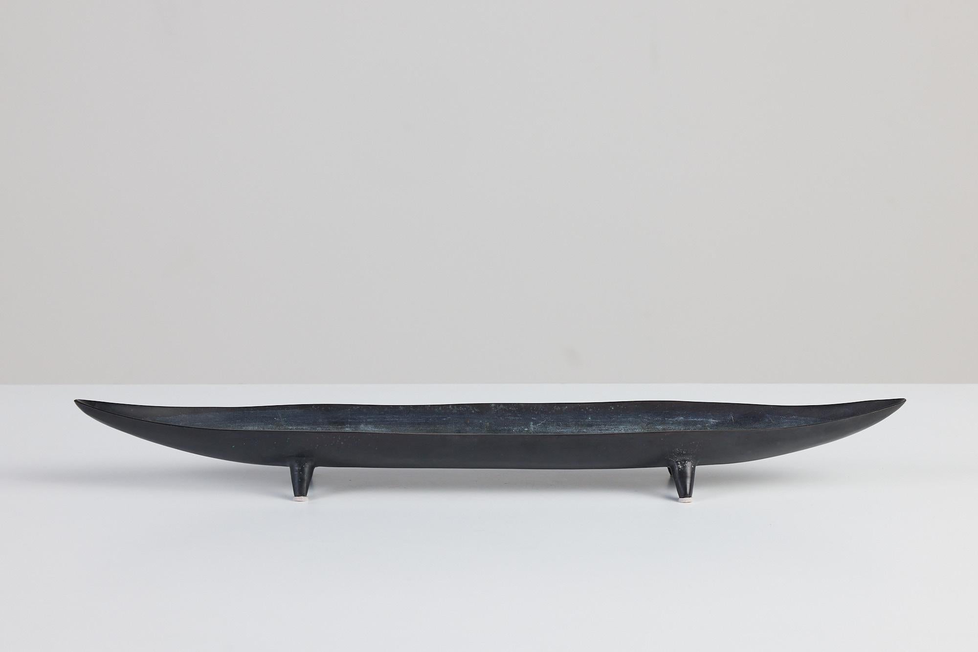 Mid-Century Modern Oxidized Metal Canoe Shaped Footed Bowl