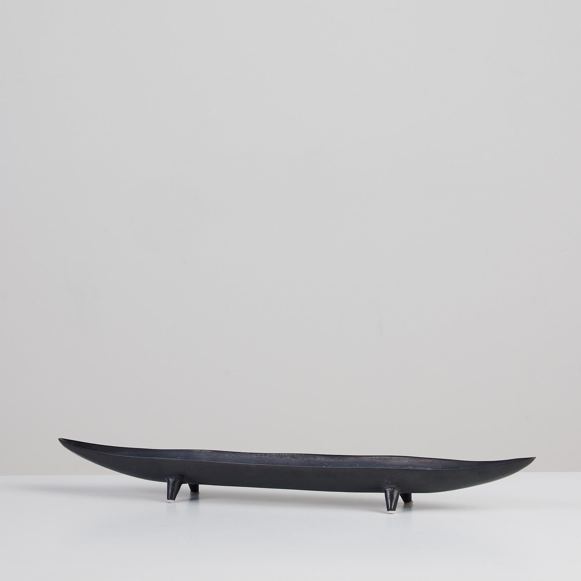 Oxidized Metal Canoe Shaped Footed Bowl In Good Condition In Los Angeles, CA