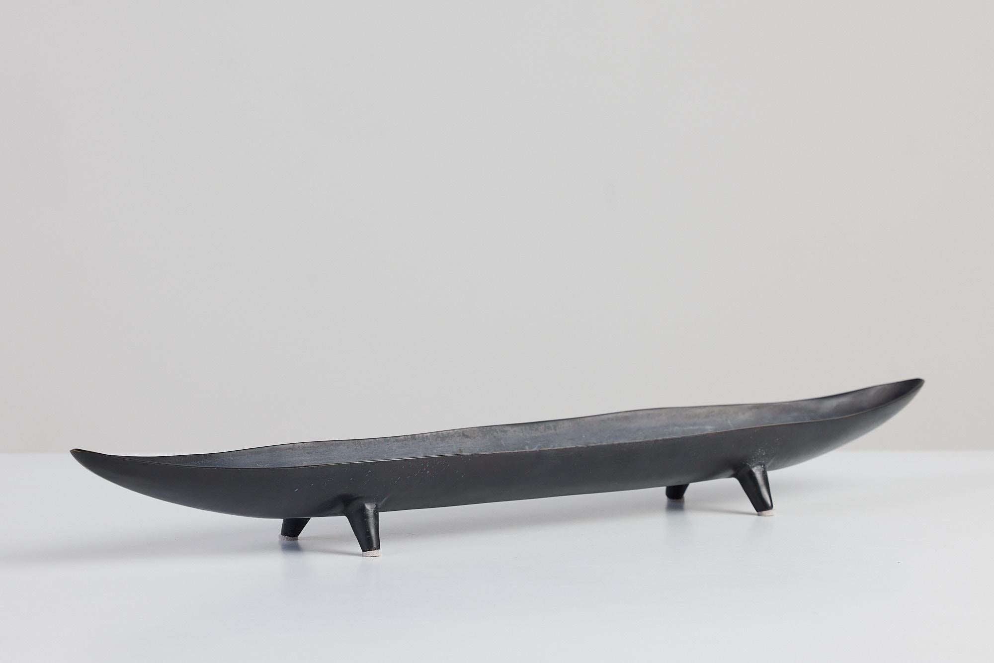 Oxidized Metal Canoe Shaped Footed Bowl 3
