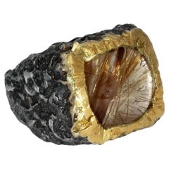 Oxidized Silver & 18K Yellow Gold Ring with Rutilated Quartz By Bora Jewels