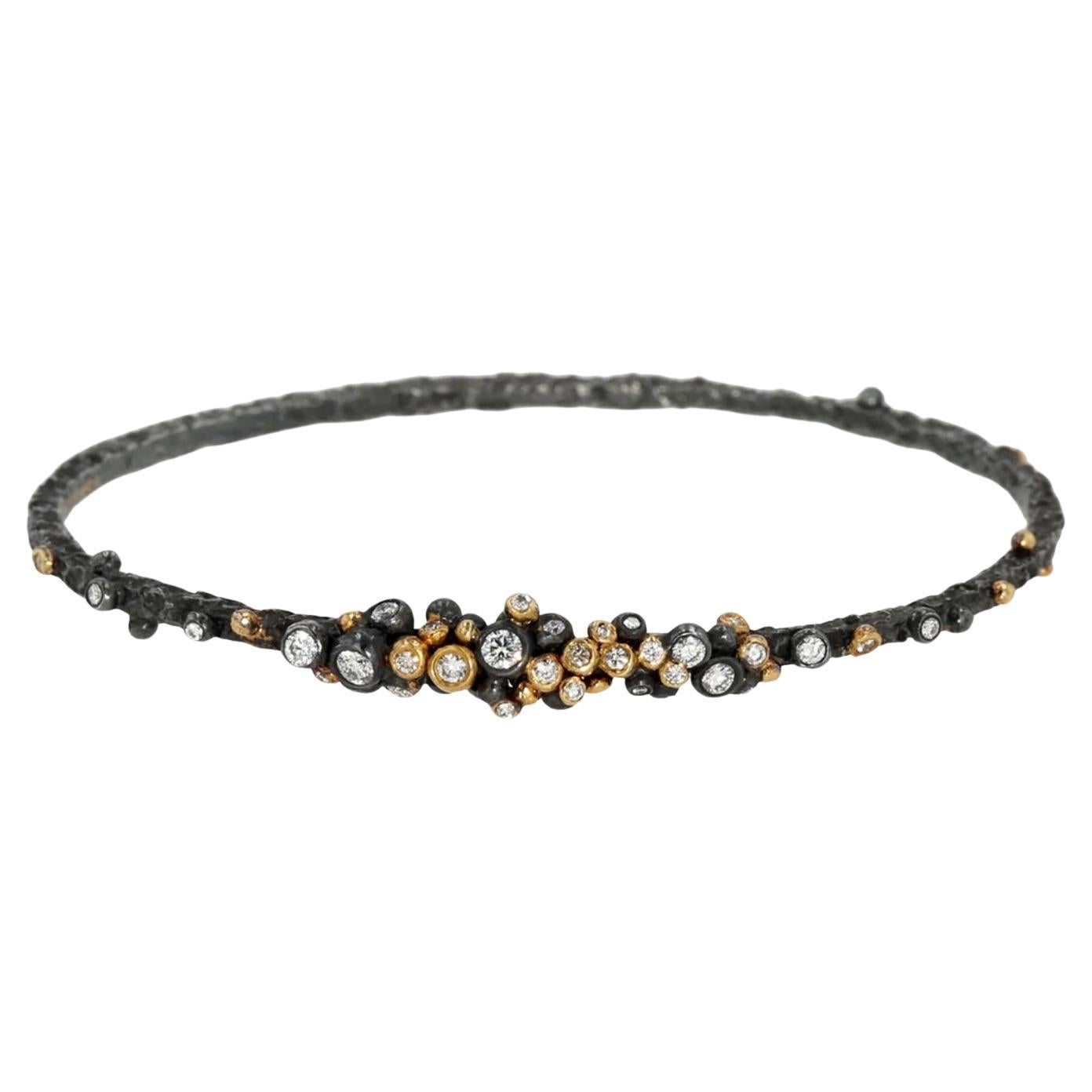 Oxidized Silver, 22K Yellow Gold & Diamond Dark Gleam Bangle by Agneta Bugyte