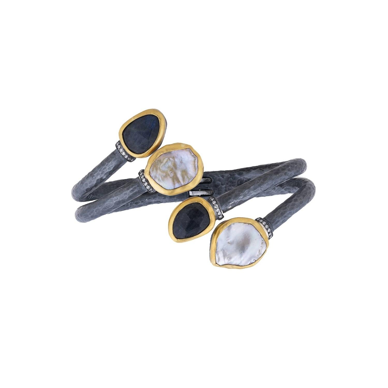Modern Oxidized Silver, 24K Gold, Keshi pearls & Labradorite Bracelet by Lika Behar For Sale