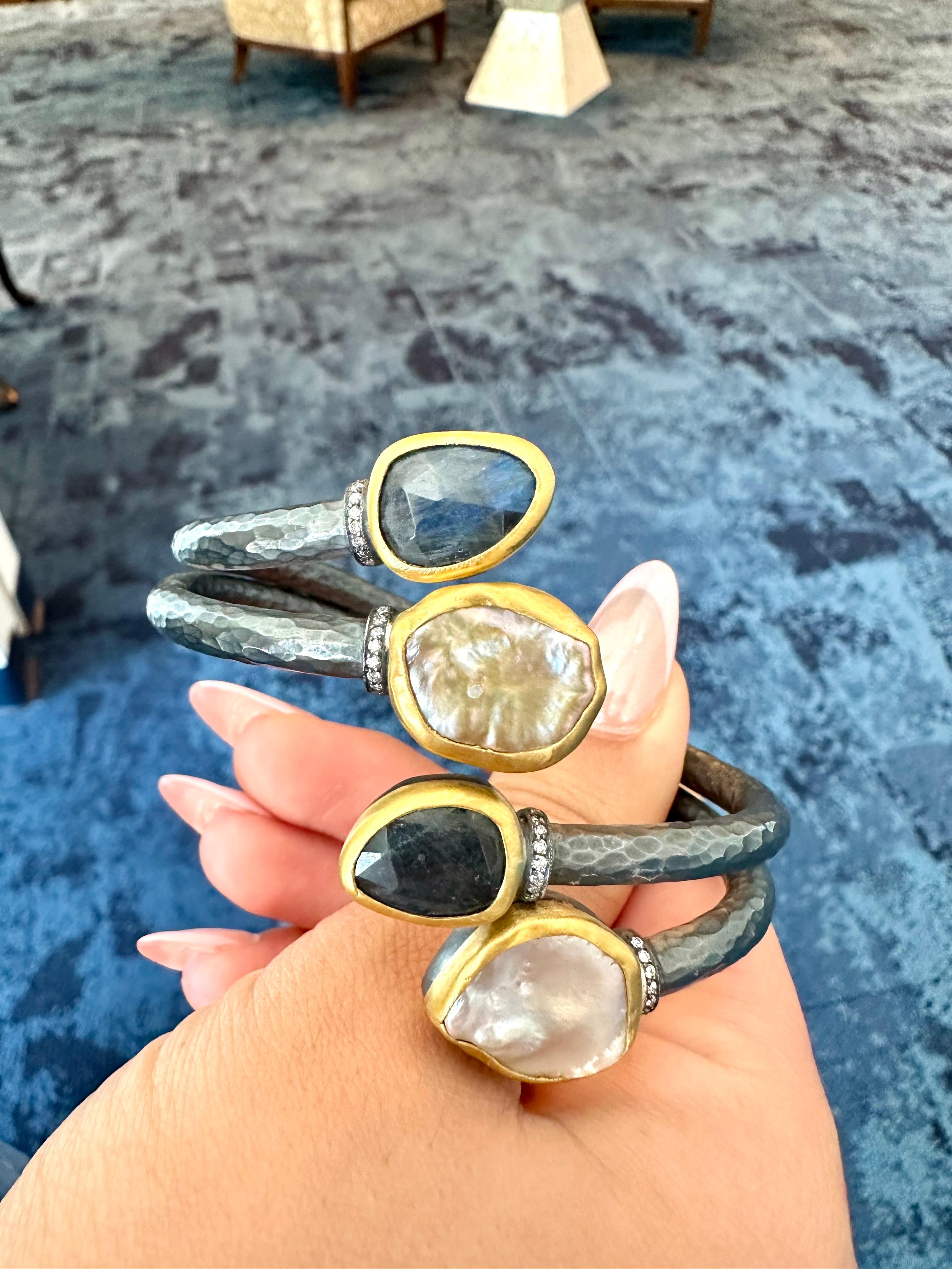 Mixed Cut Oxidized Silver, 24K Gold, Keshi pearls & Labradorite Bracelet by Lika Behar For Sale