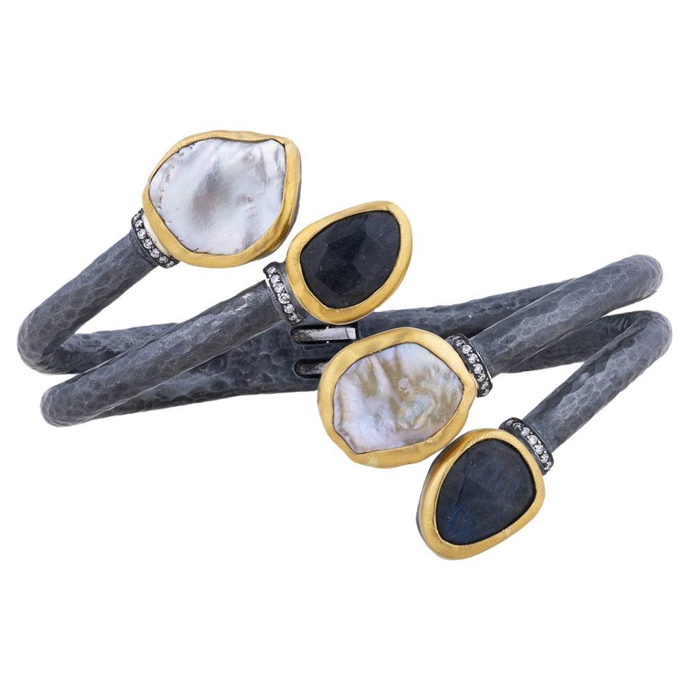 Oxidized Silver, 24K Gold, Keshi pearls & Labradorite Bracelet by Lika Behar