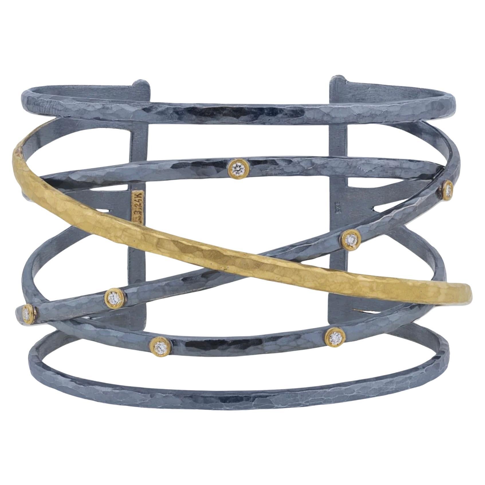 Oxidized Silver & 24K Yellow Gold Lika Behar"Stockholm Crosswire" Diamond Cuff
