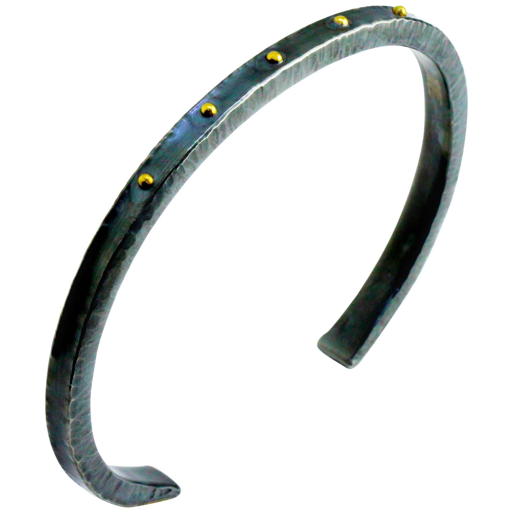 Oxidized Silver and 18 Karat Yellow Gold Rivet Men's Cuff Bangle For Sale