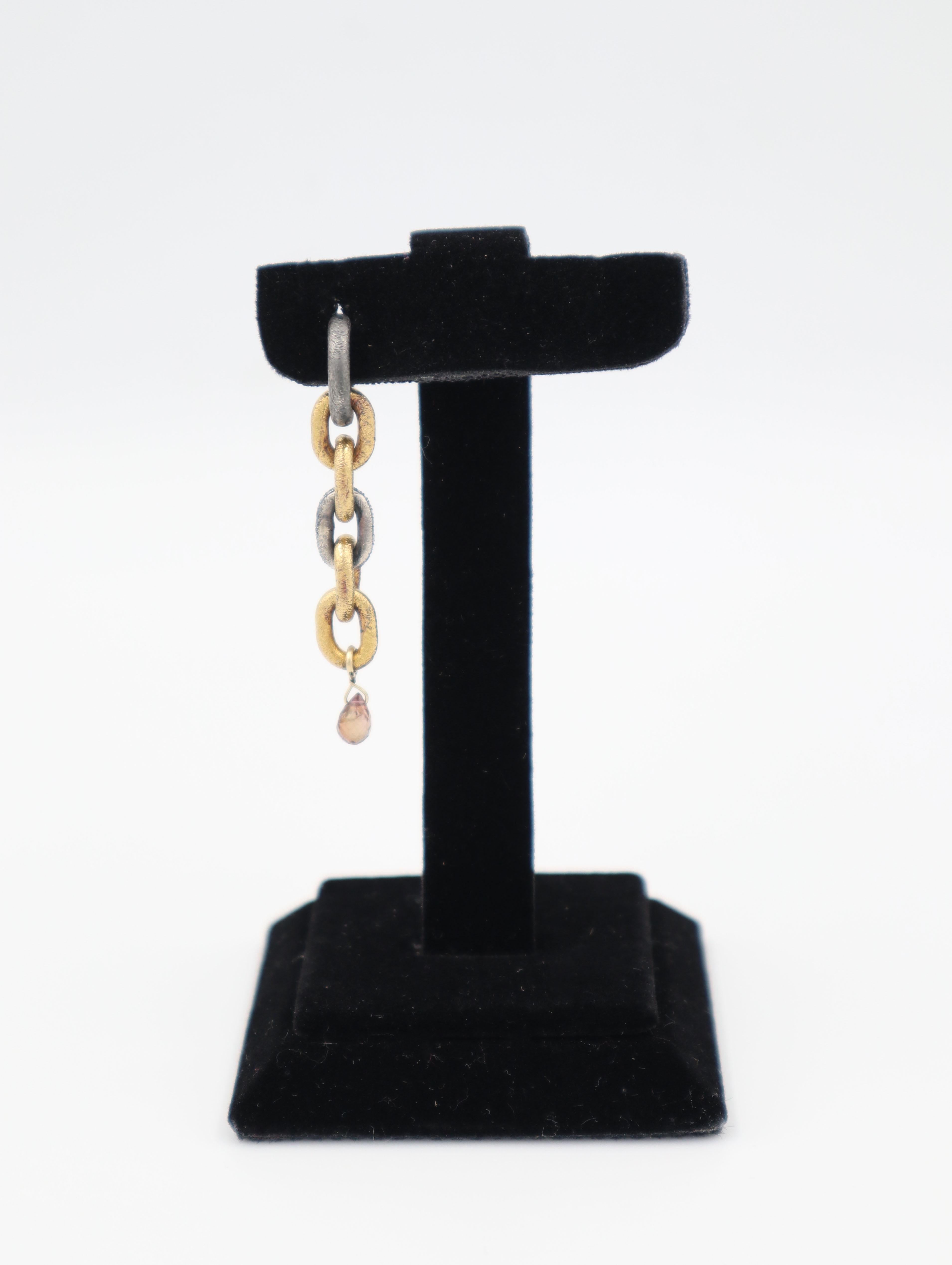 Briolette Cut Oxidized Silver and 24K Gold Plated Chain Earring with Tourmaline(sold as single