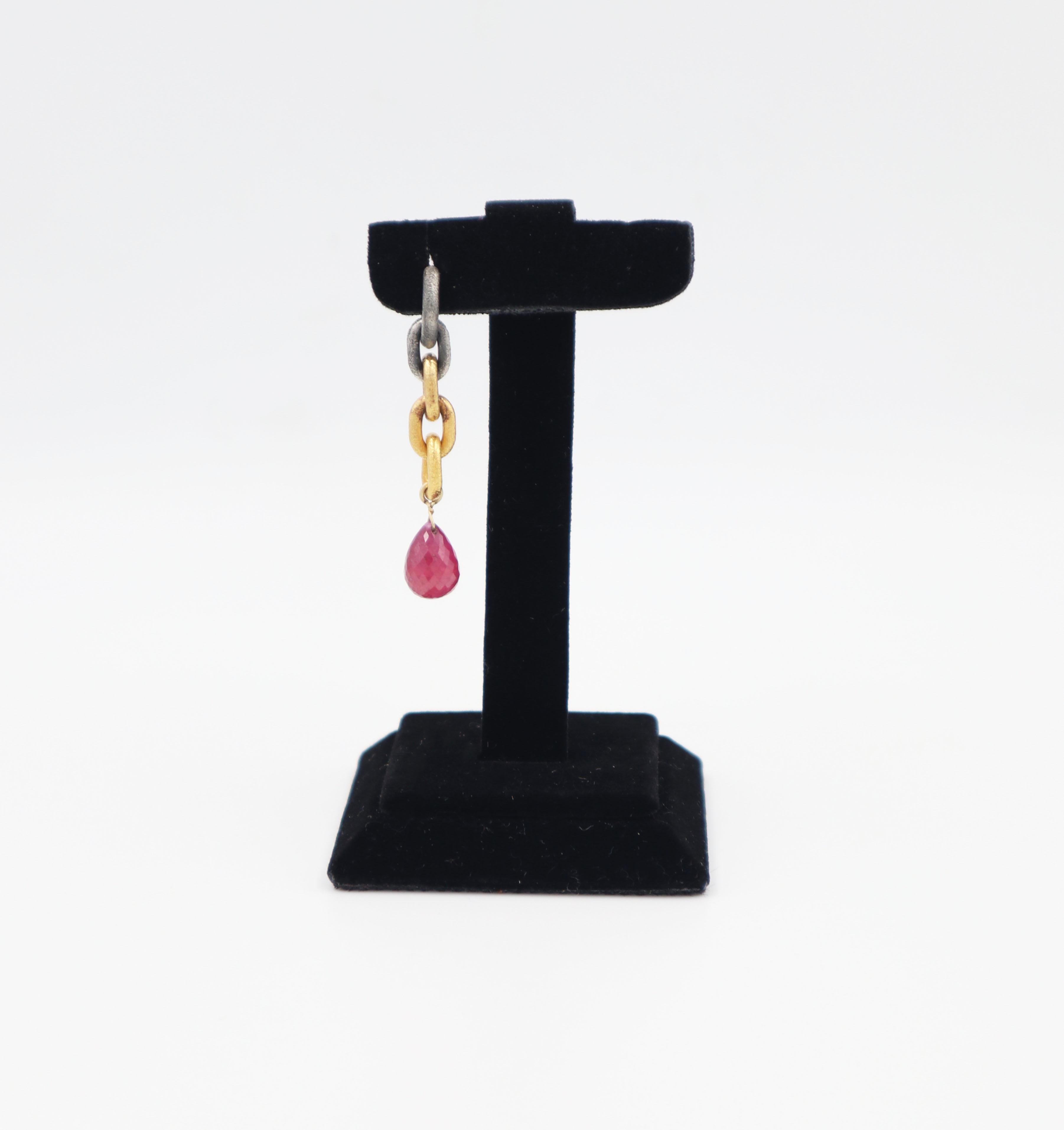Briolette Cut Oxidized Silver and 24K Gold Plated Chain Earring with Tourmaline(sold as single For Sale