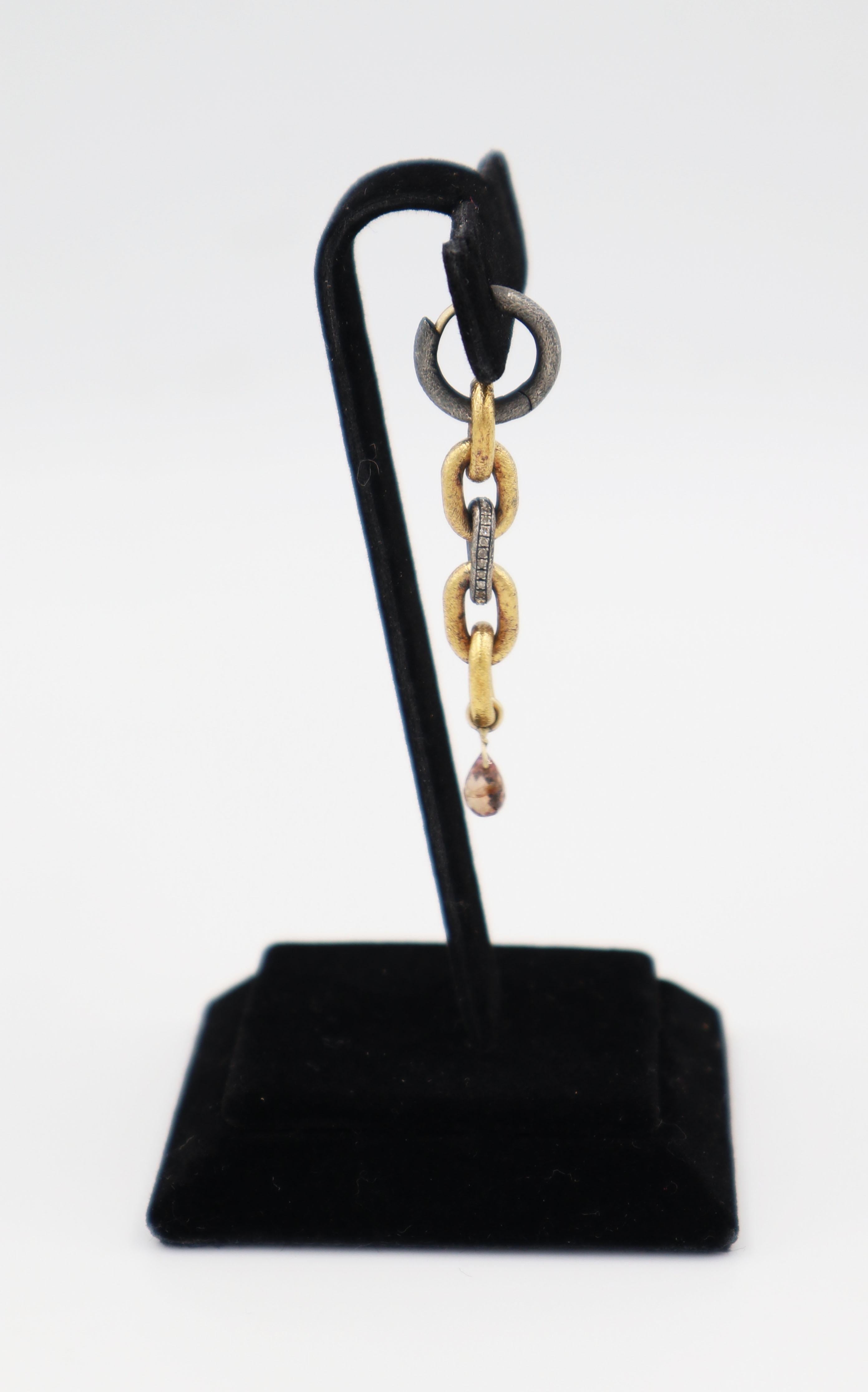 Oxidized Silver and 24K Gold Plated Chain Earring with Tourmaline(sold as single In New Condition In ISTANBUL, TR