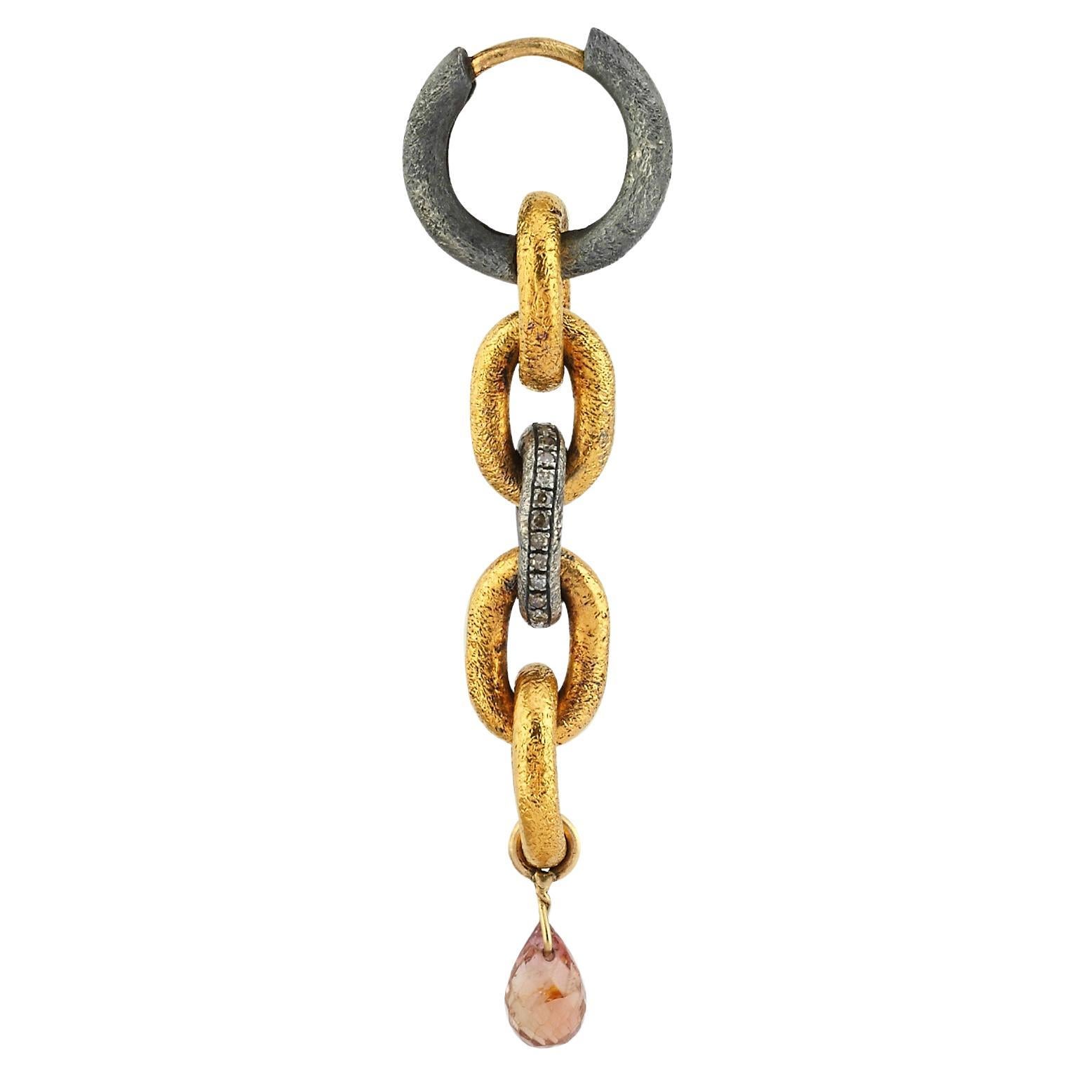 Oxidized Silver and 24K Gold Plated Chain Earring with Tourmaline(sold as single