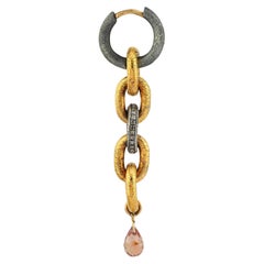 Oxidized Silver and 24K Gold Plated Chain Earring with Tourmaline(sold as single