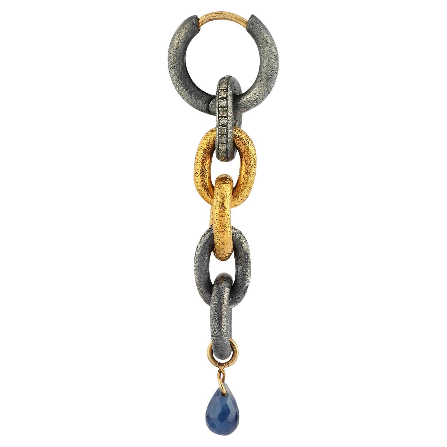 Oxidized Silver and 24K Gold Plated Chain Earring with Tourmaline(sold as single For Sale