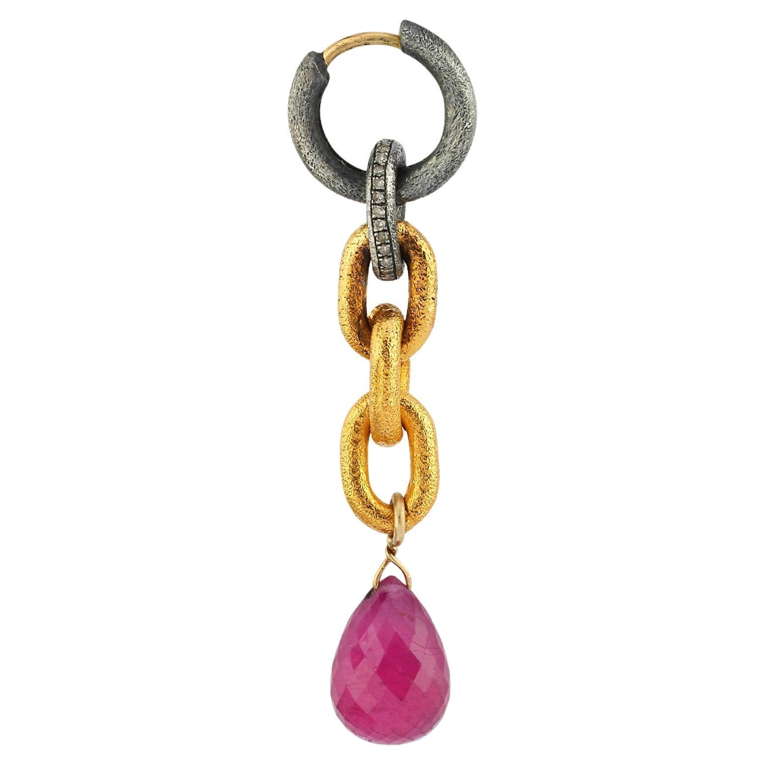 Oxidized Silver and 24K Gold Plated Chain Earring with Tourmaline(sold as single For Sale