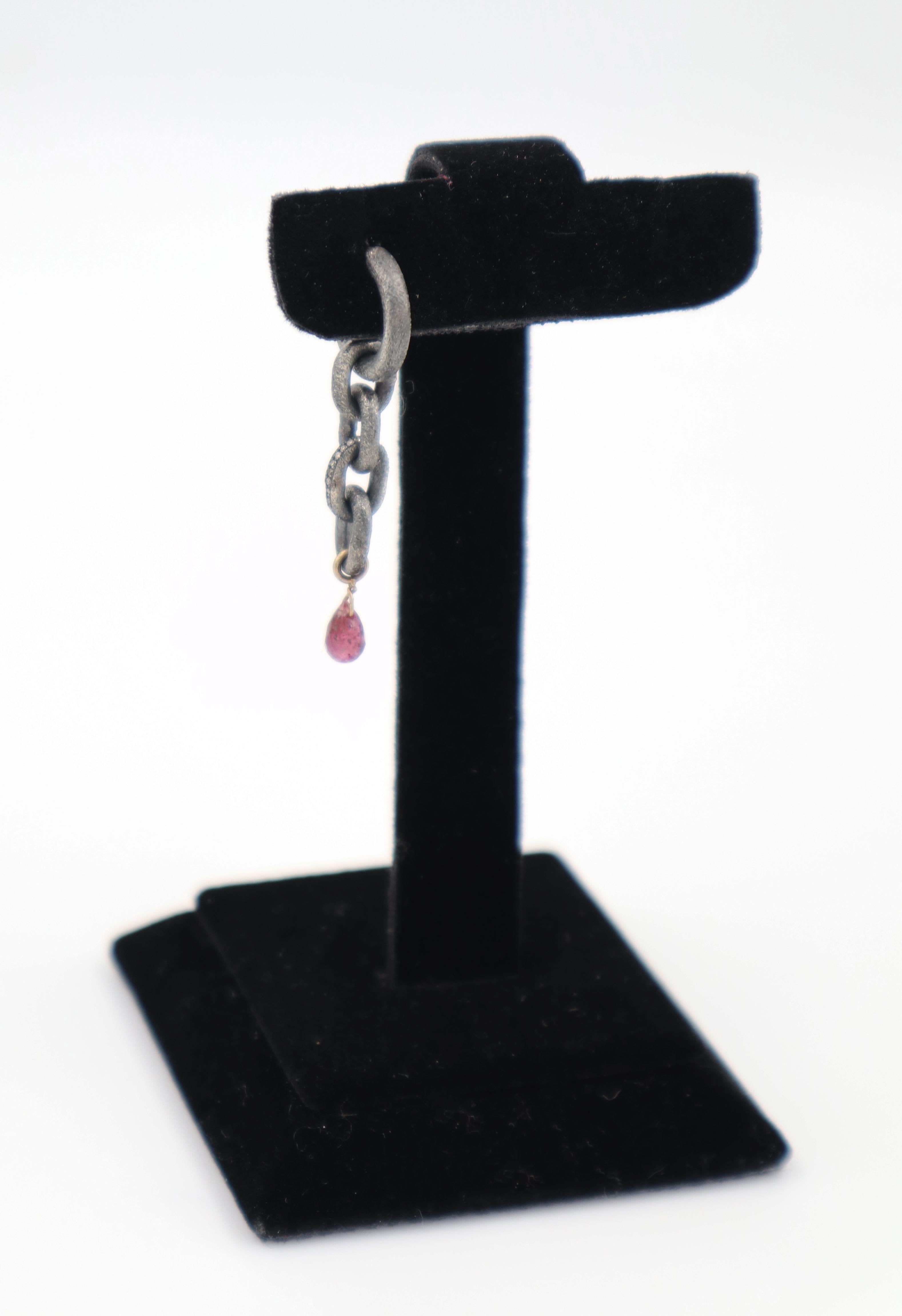 Briolette Cut Oxidized Silver Chain Earring with Tourmaline (sold as single) For Sale