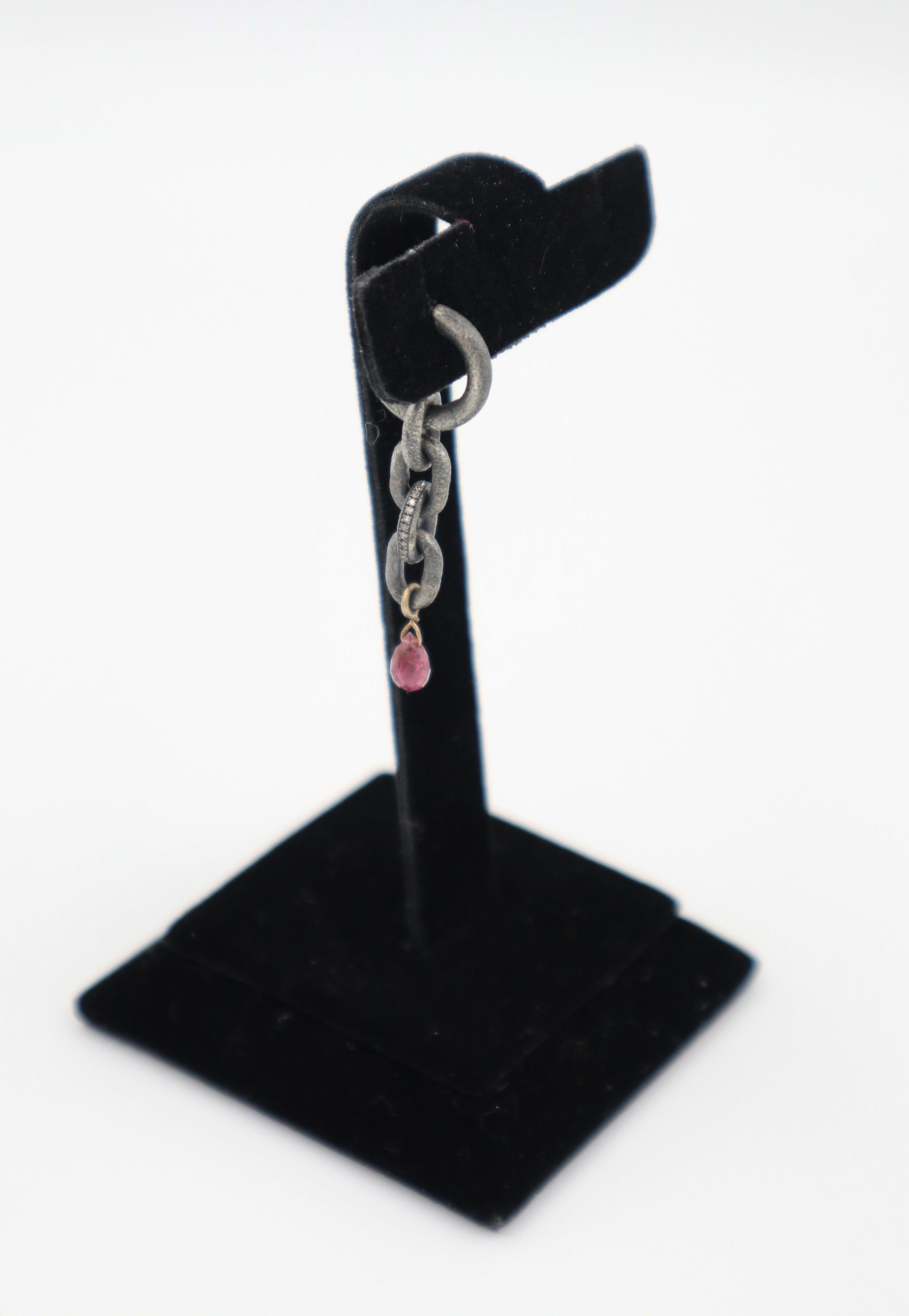 Women's or Men's Oxidized Silver Chain Earring with Tourmaline (sold as single) For Sale