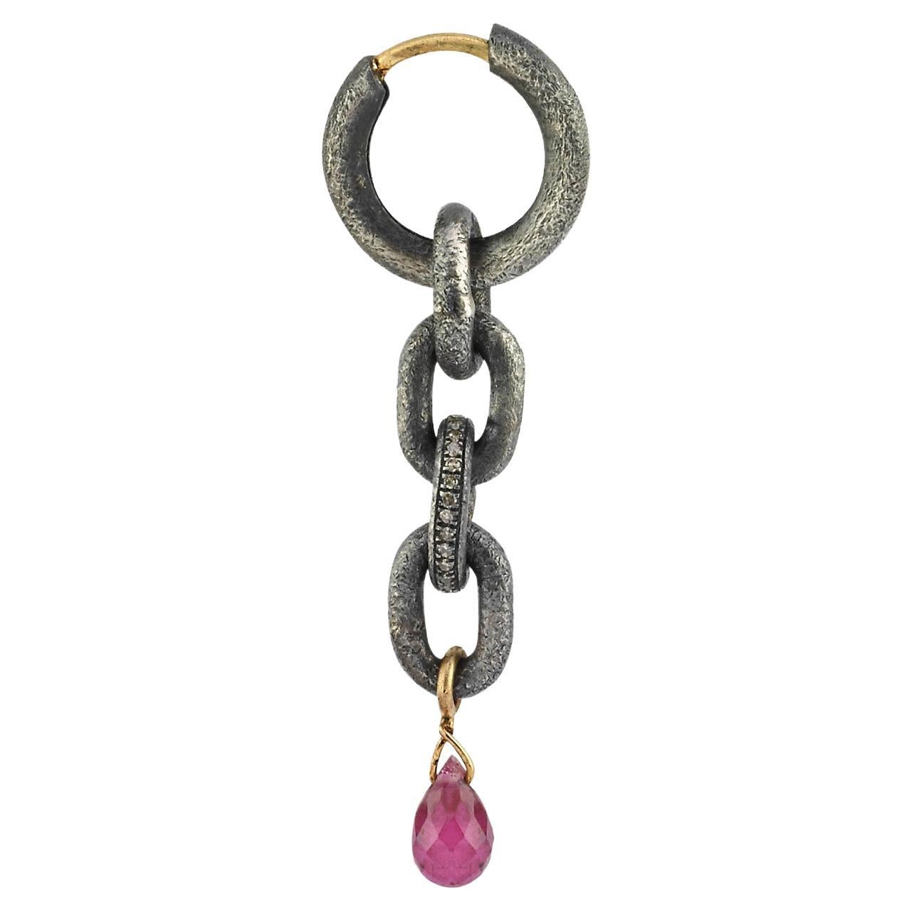 Oxidized Silver Chain Earring with Tourmaline (sold as single) For Sale